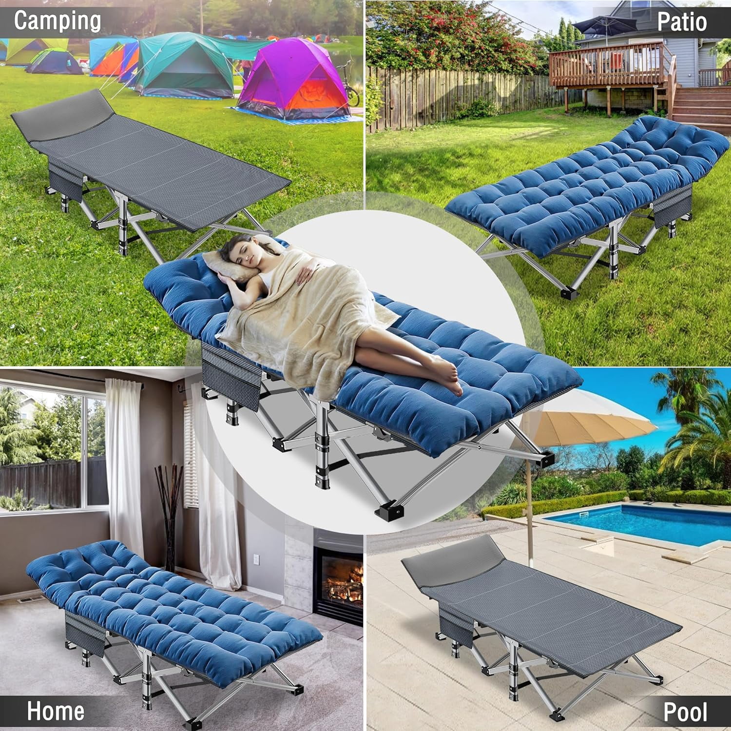 ABORON Folding Camping Cot W/Mat for Adults, Heavy Duty Outdoor Bed with Carry Bag,1200 D Layer Oxford Travel Camp Cots