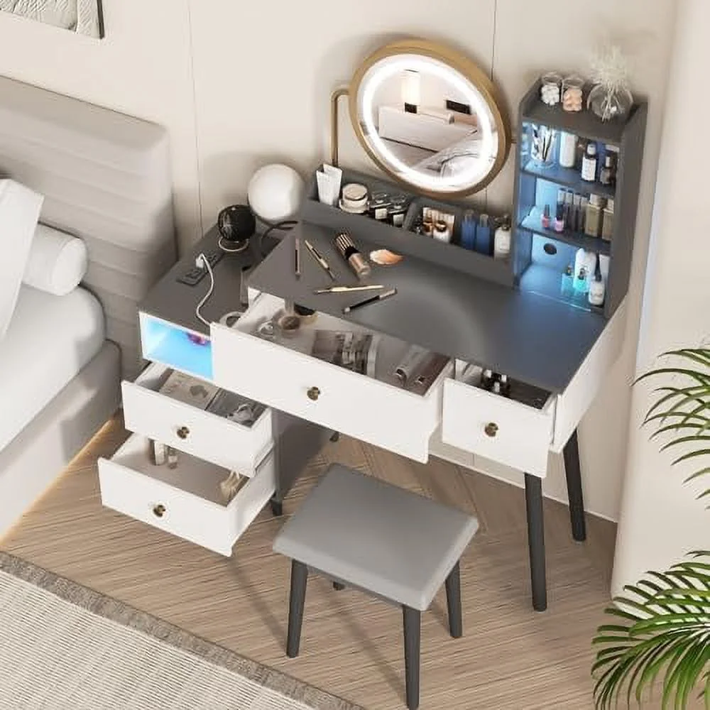 HBBOOMLIFE Makeup Vanity Desk with LED Light Mirror  Vanity Set with Charging Station & 4 Drawers  Modern Makeup Table for Girls Women with  Stool  White & Black for Bedroom
