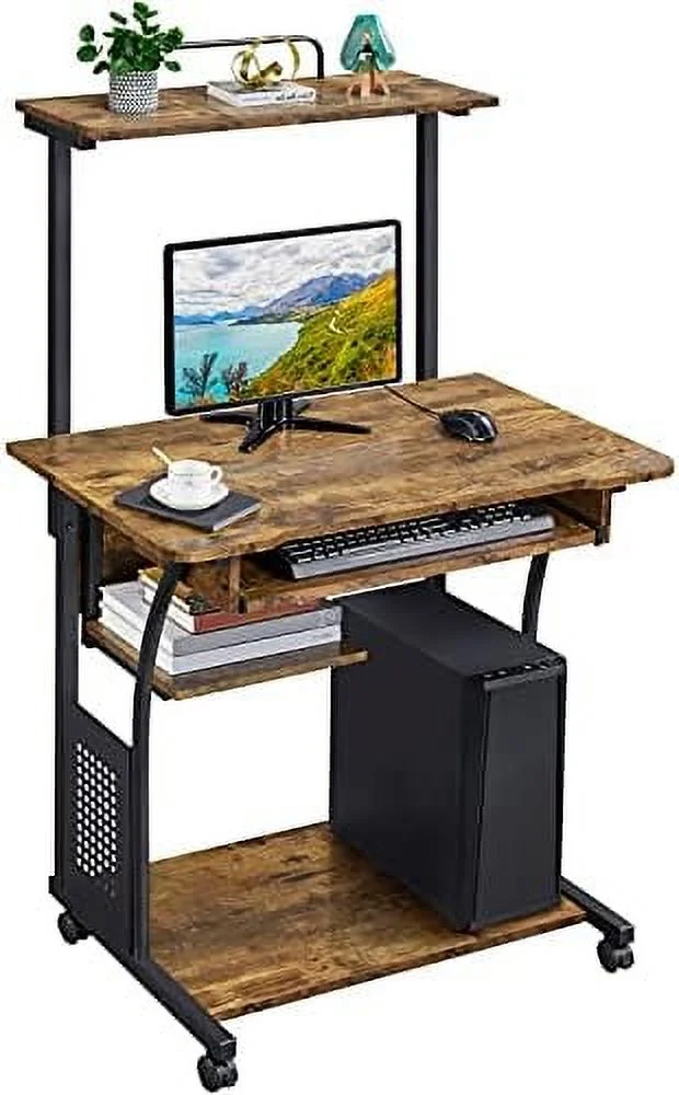 NLTBONNIE 3 Tiers Rolling Computer Desk with Keyboard Tray and Printer  for Home Office  Mobile Computer Desk for Small Space  Retro Computer Table Compact PC Laptop Workstation  Rustic B