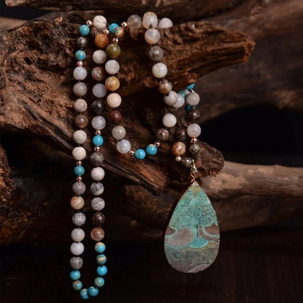 Natural Amazonite Gemstone Mala Beads Healing Meditation Long Women Men Necklace