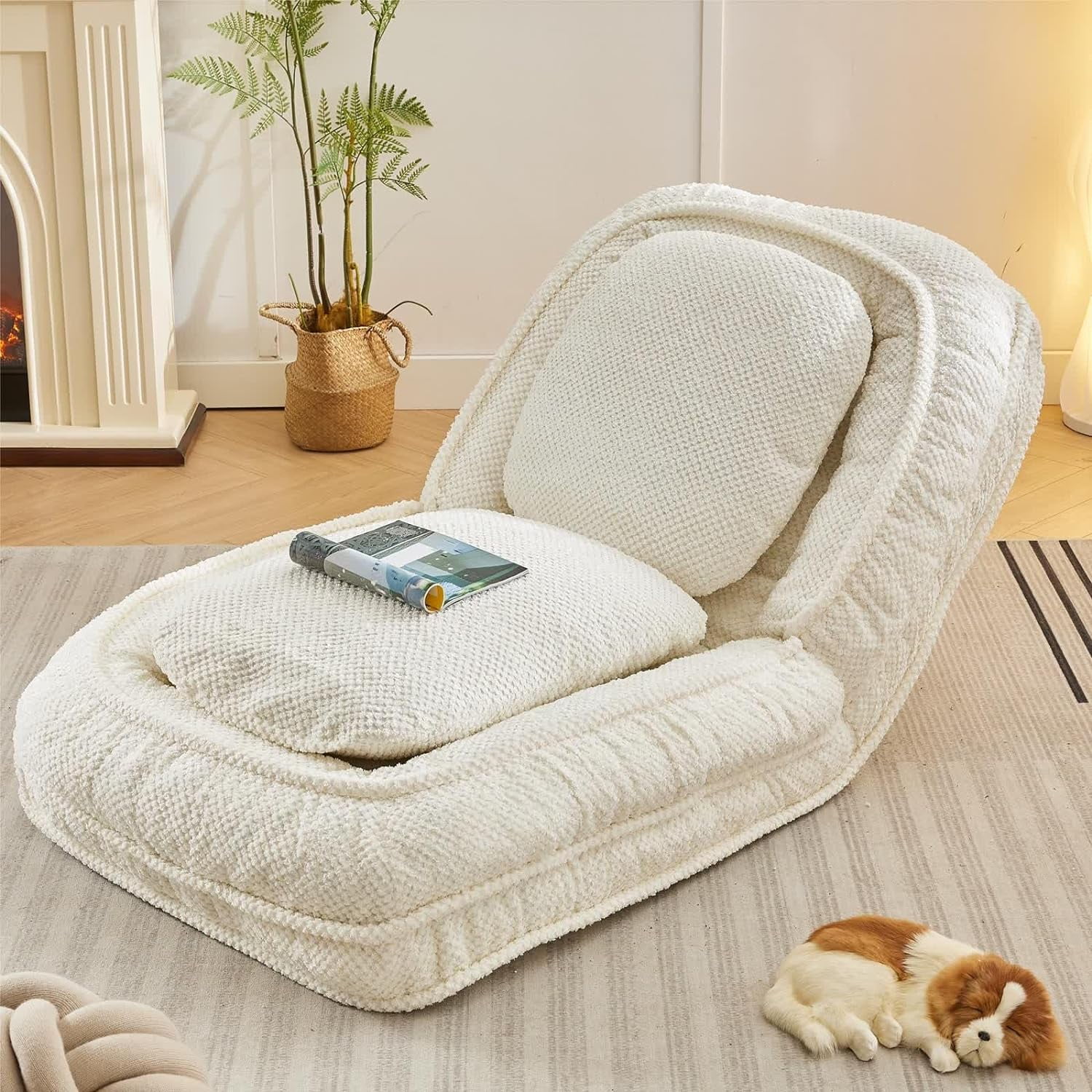 Floor Chair with Back Support, Folding Sofa Chair with 5 Adjustable Position, Plush Floor Gaming Chair, Meditation Chair for Lazy Boys, Human Dog Bed for Living Room, Bedroom, Lounge, Beige