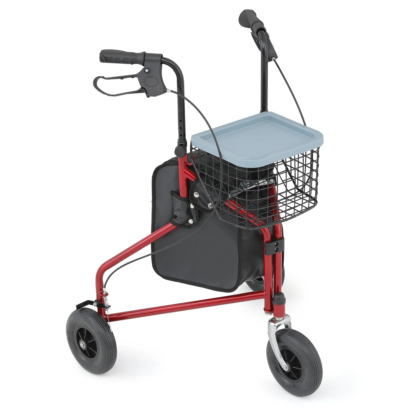 Magshion Folding Steel Rollator Walker, Rolling Walker with w/Oxford Bag & Detachable Basket for Adult, 3 Wheels 220lbs Weight Capacity, Burgundy Red Frame