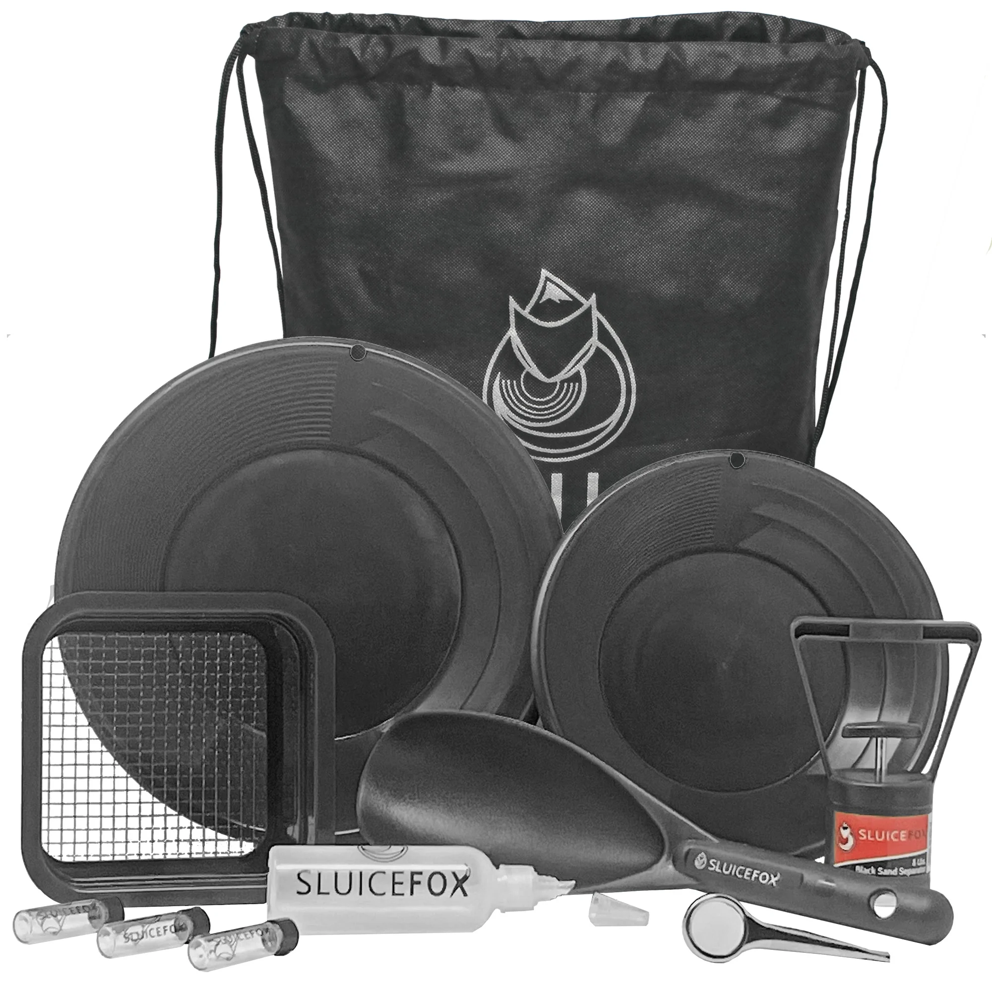 Sluice Fox Sluice Fox backpack gold prospecting kit with classifier: Two spiral gold pans, plastic gold shovel or pay dirt scoop and black sand gold separator magnet (black color set)
