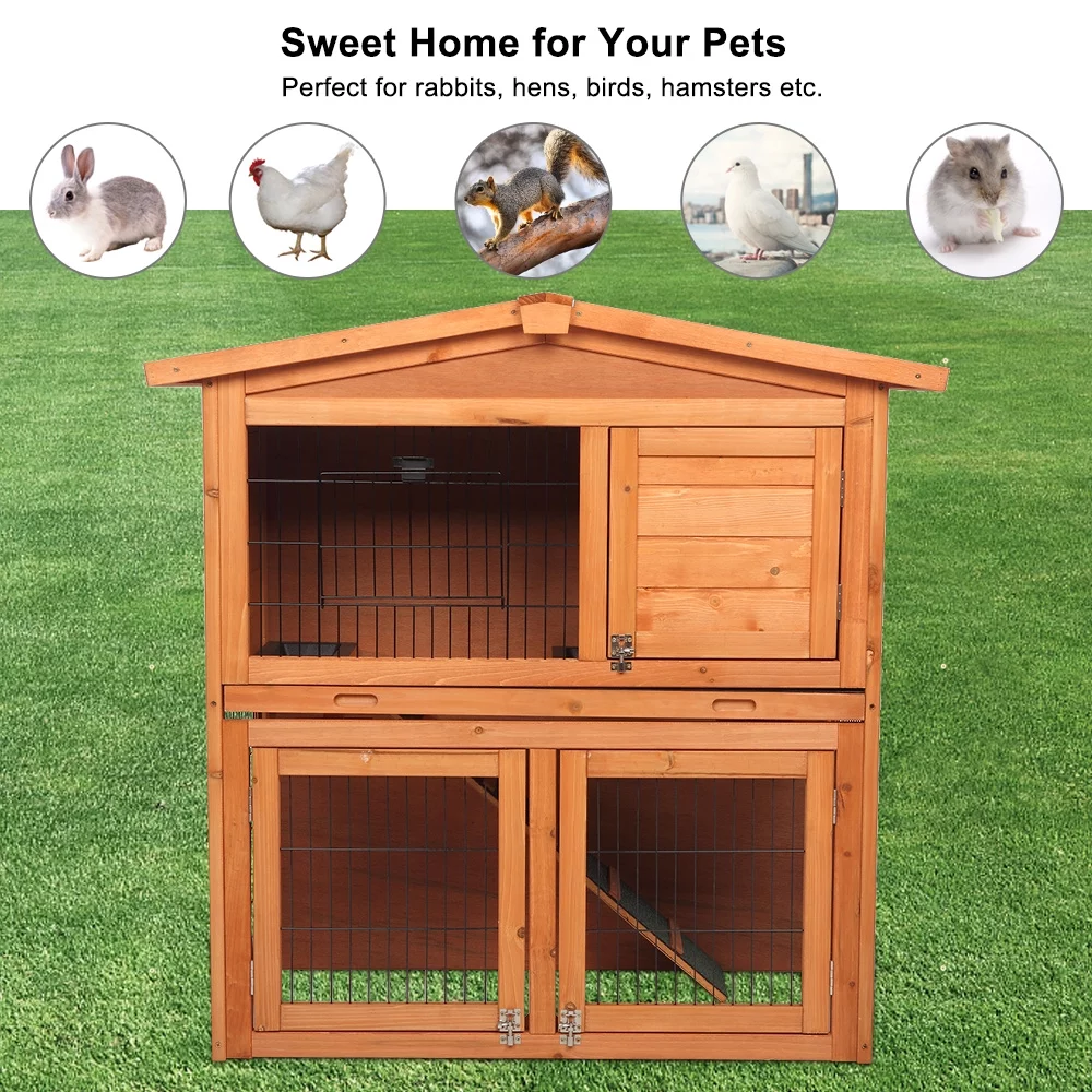 40 Inch Wooden Rabbit Hutch Triangle Roof Waterproof Bunny House A-Frame Pet Cage Wood Small House Poultry Cage, Orange