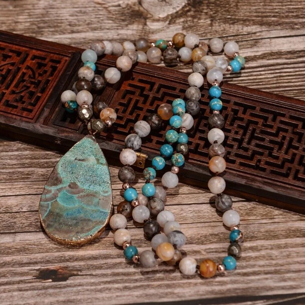 Natural Amazonite Gemstone Mala Beads Healing Meditation Long Women Men Necklace