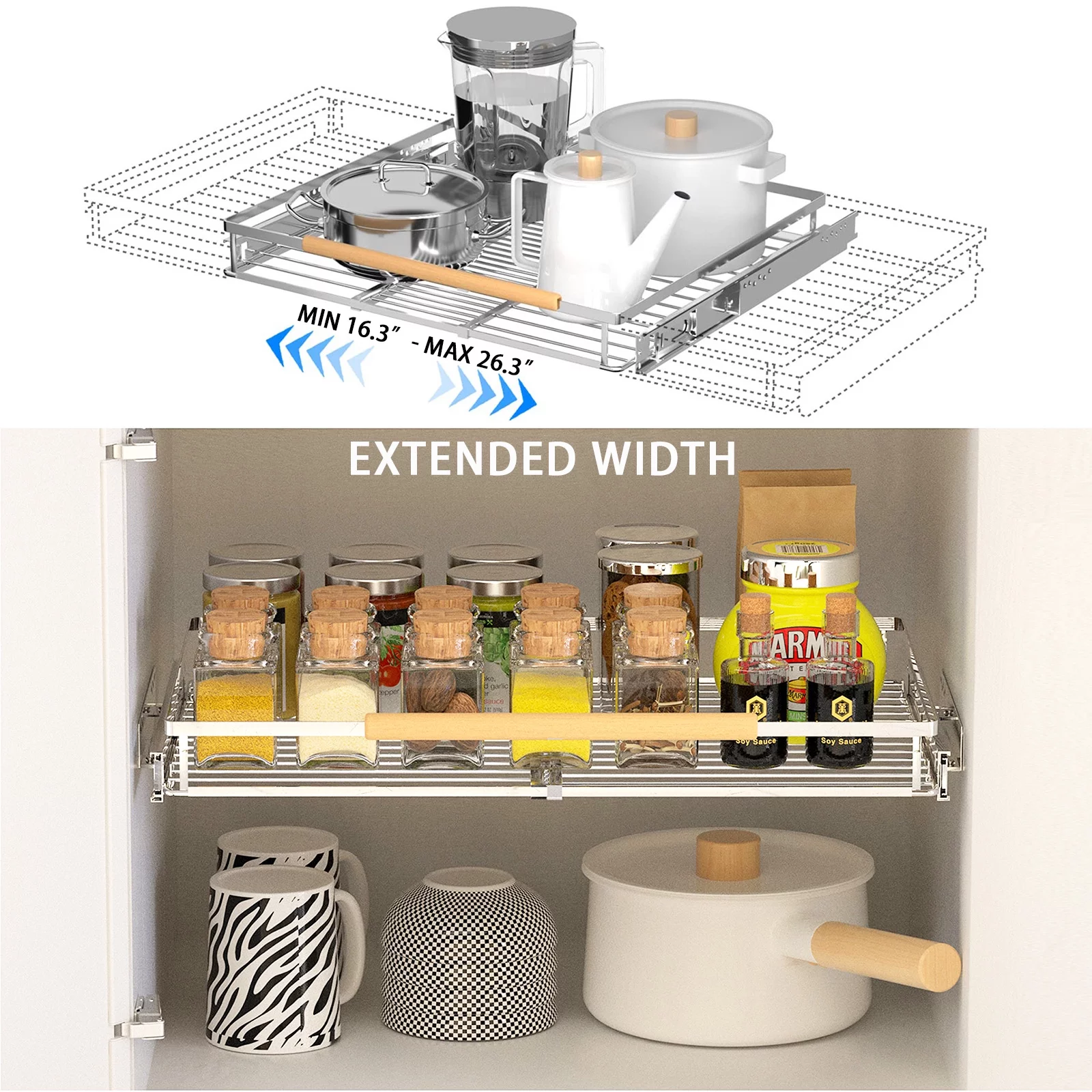 SANNO Pull Out Drawer Cabinet Organizer, Expandable Slide Out Storage Shelves - Heavy Duty, for Cabinets, Under Sink and Wardrobe, Opening Size Required 16.3