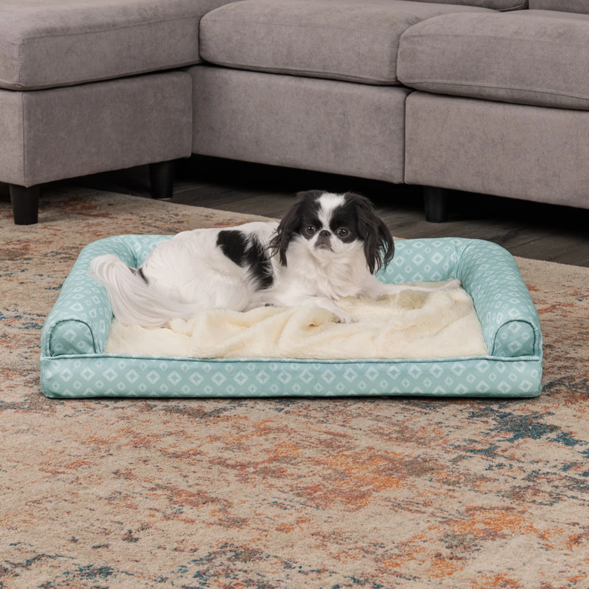 FurHaven Pet Products Plush Fur & Diamond Print Nest-Top Orthopedic Sofa-Style Pet Bed for Dogs & Cats - Aqua, Medium