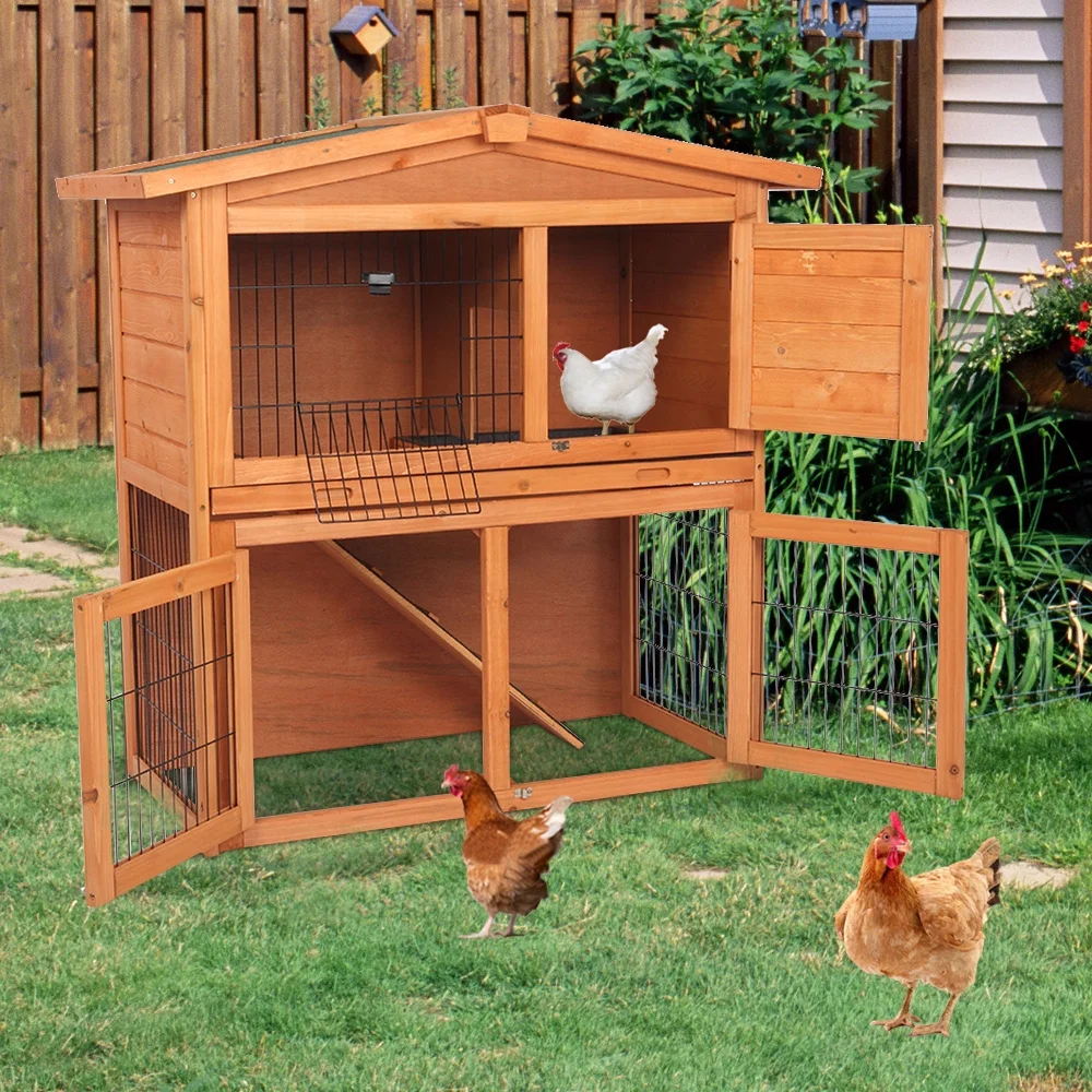 40 Inch Wooden Rabbit Hutch Triangle Roof Waterproof Bunny House A-Frame Pet Cage Wood Small House Poultry Cage, Orange