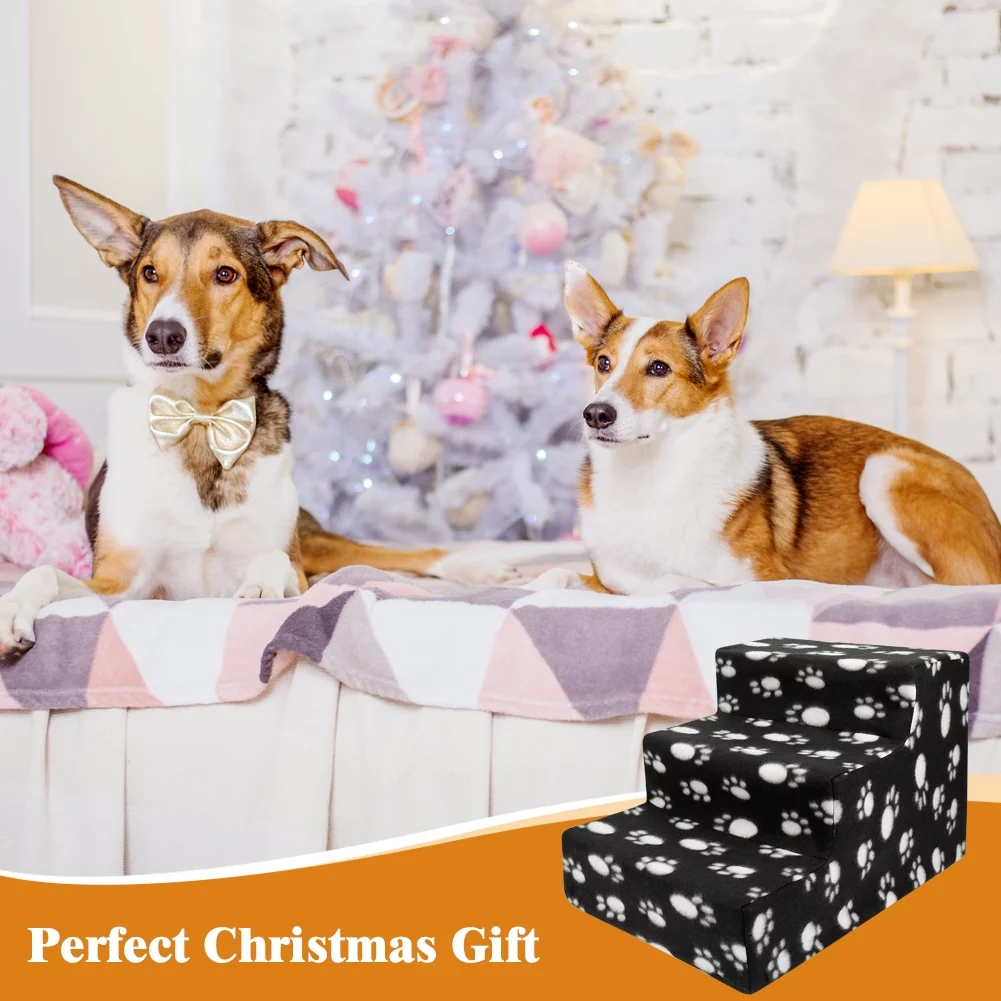 Vivifying Pet Stairs 3 Steps Indoor Dog Cat Steps Bed Ramp for Puppies up to 45 lbs Black with Paw