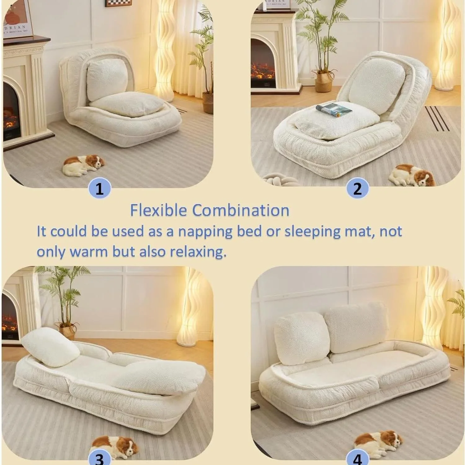 Floor Chair with Back Support, Folding Sofa Chair with 5 Adjustable Position, Plush Floor Gaming Chair, Meditation Chair for Lazy Boys, Human Dog Bed for Living Room, Bedroom, Lounge, Beige