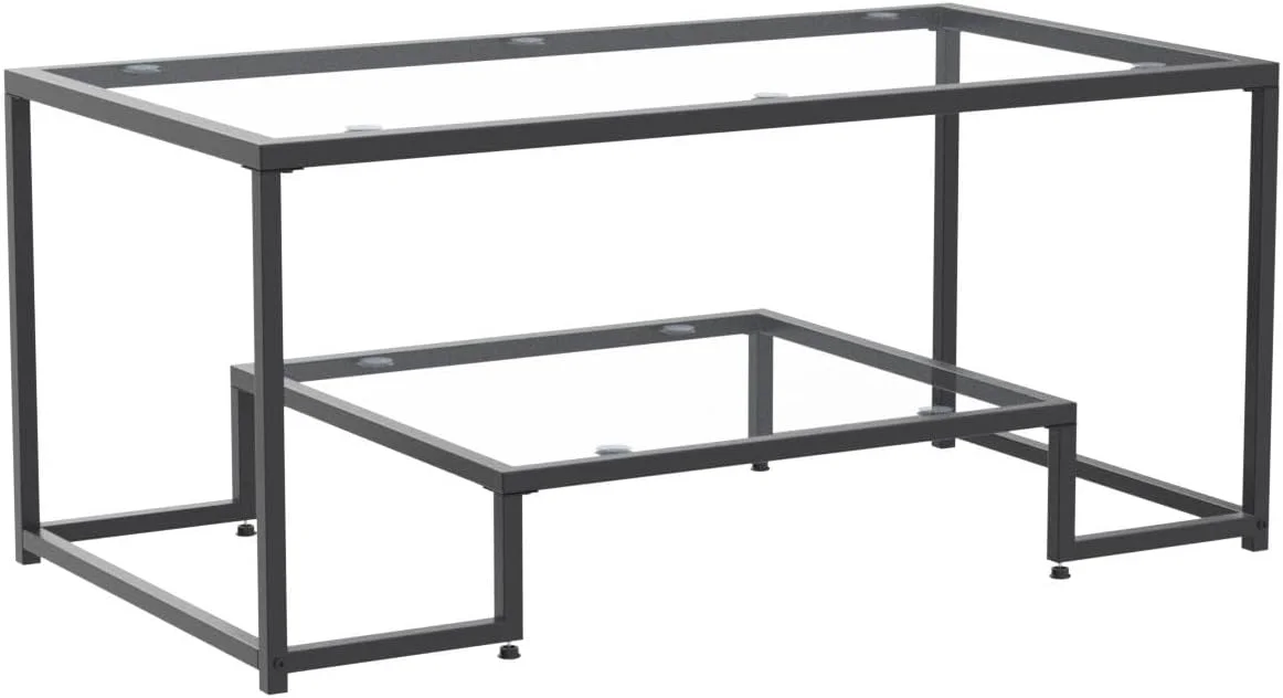 U-SHARE Coffee Table, Black Modern Tempered Glass Coffee Table, 45 Inch Rectangular Center Table with Glass-Top Lower Storage Shelf, Sturdy Metal Frame, for Living Room Home Office
