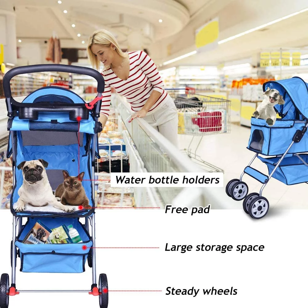 Dkelincs Pet Stroller- Folding  Cat Stroller for Medium Dogs with 4 Wheel & Cup Holder, Blue