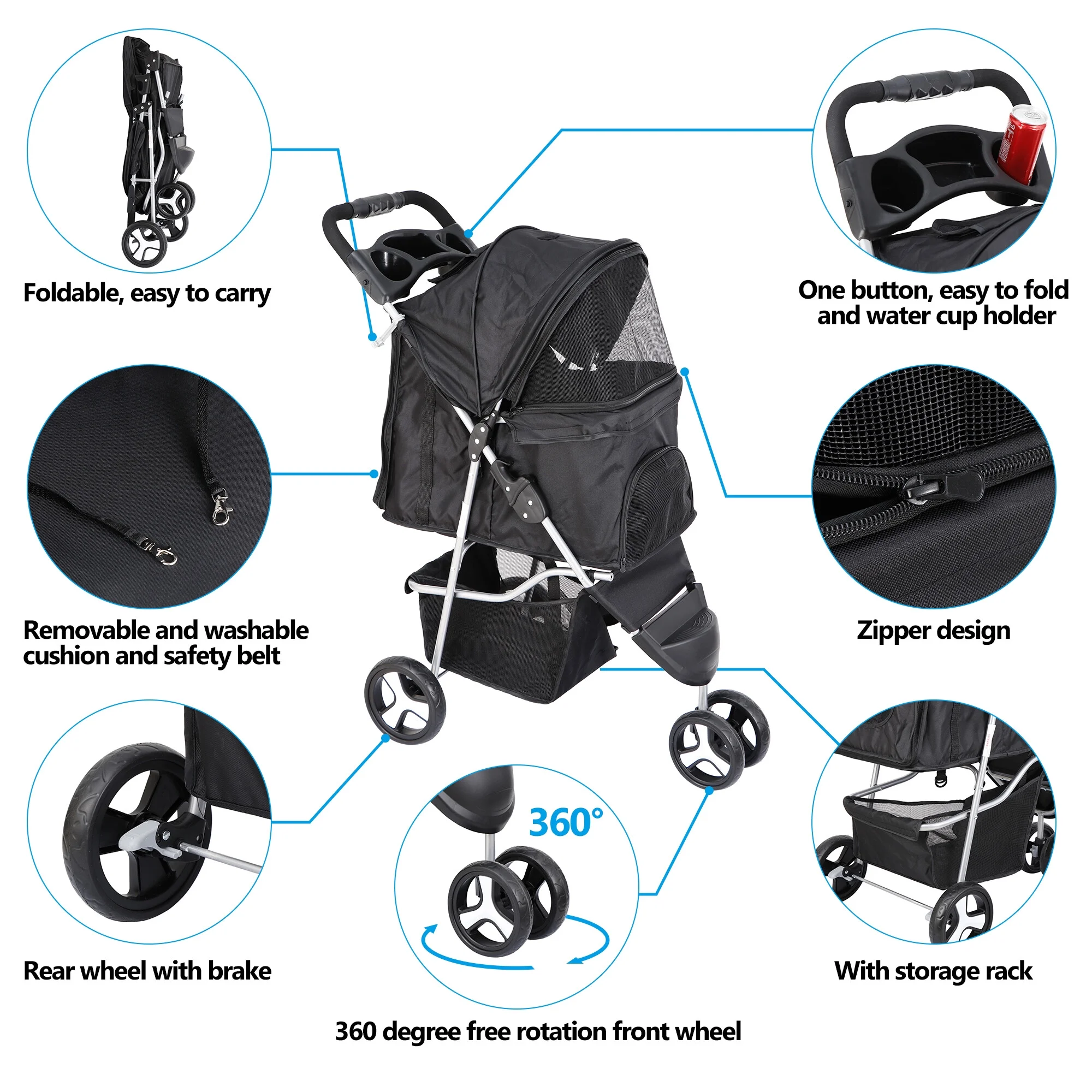 HomGarden 3 Wheel Foldable Pet Stroller for Small Medium Dog W/Storage Basket,
