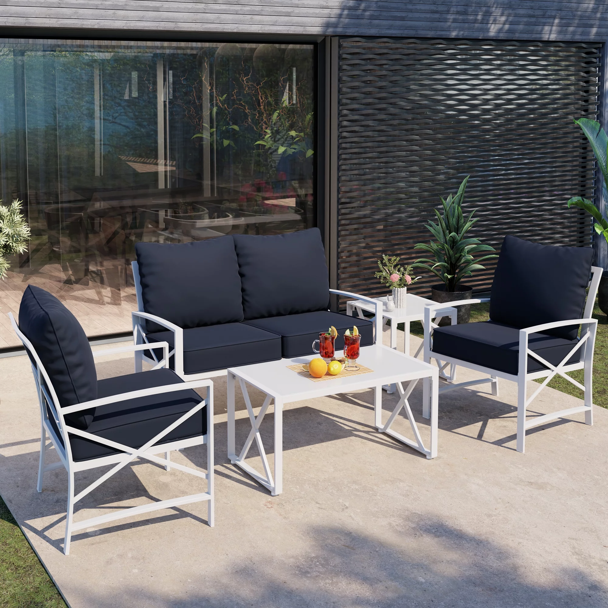 Walsunny 5-Piece Patio Furniture Set, Outdoor Furniture with Loveseat Sofa Coffee Table Metal Patio Set with Detachable Cushions Navy Blue