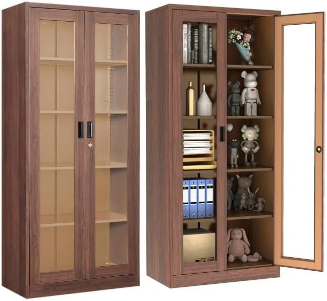 YFbiubiulife Glass Display Cabinet Curio Cabinet with Glass Door and Adjustable Shelves  71" Tall Freestanding Steel Kitchen Pantry Cabinet Bookcase Metal Locker  Cabinet for Home  Li