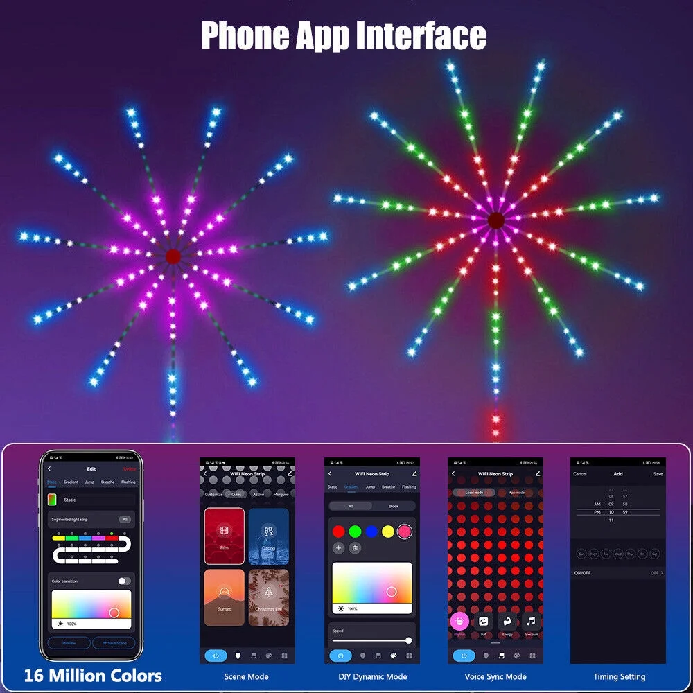 WiFi Smart LED Firework Strip Lights RGBIC Dream Colour Remote Music Speaker