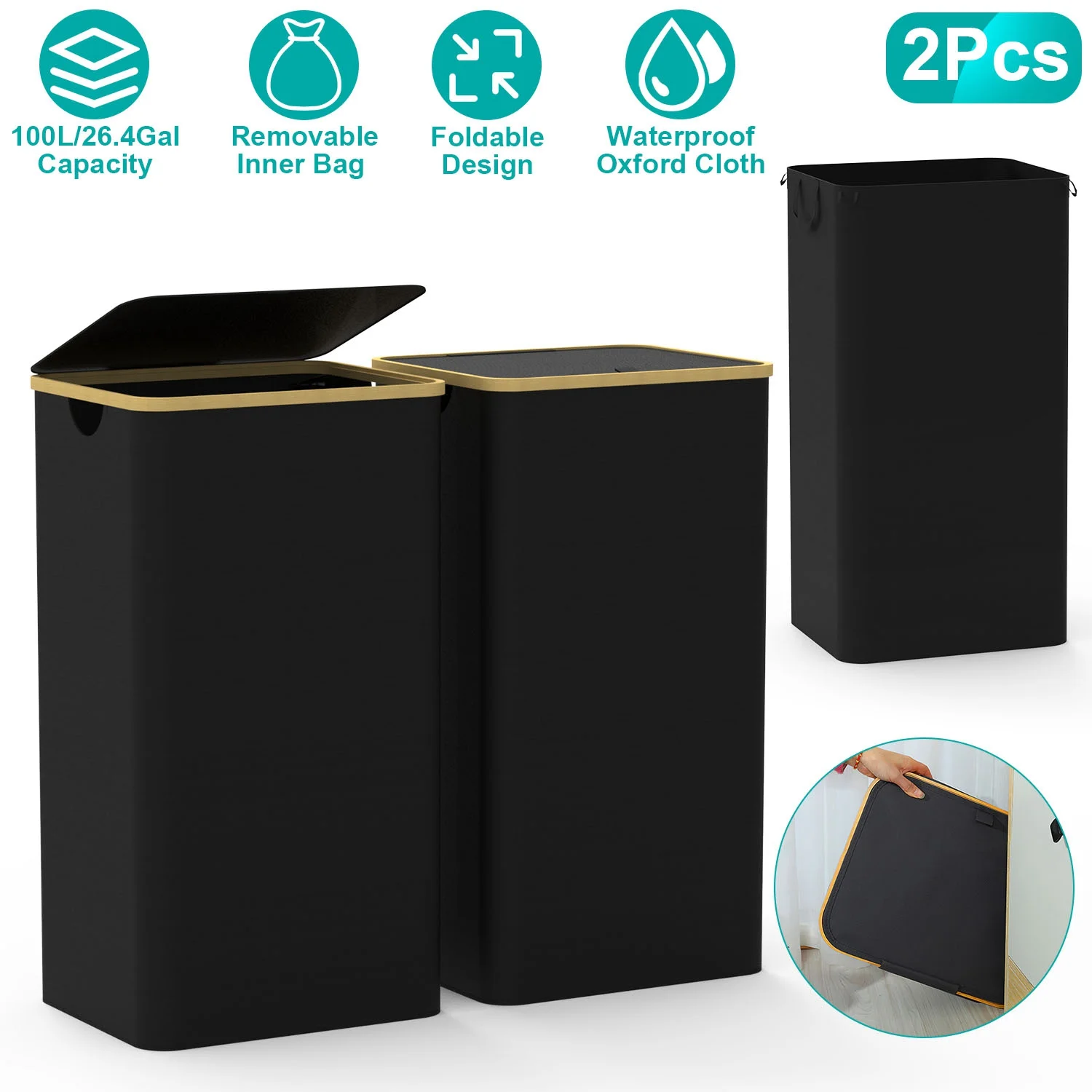 iMounTEK 100L Laundry Basket with Lid, Large Clothes Hampers for Laundry with 2 Removable Laundry Bags, Foldable Laundry Hamper for Bedroom, Bathroom, Dorm, Laundry Room, Black [2 Packs]