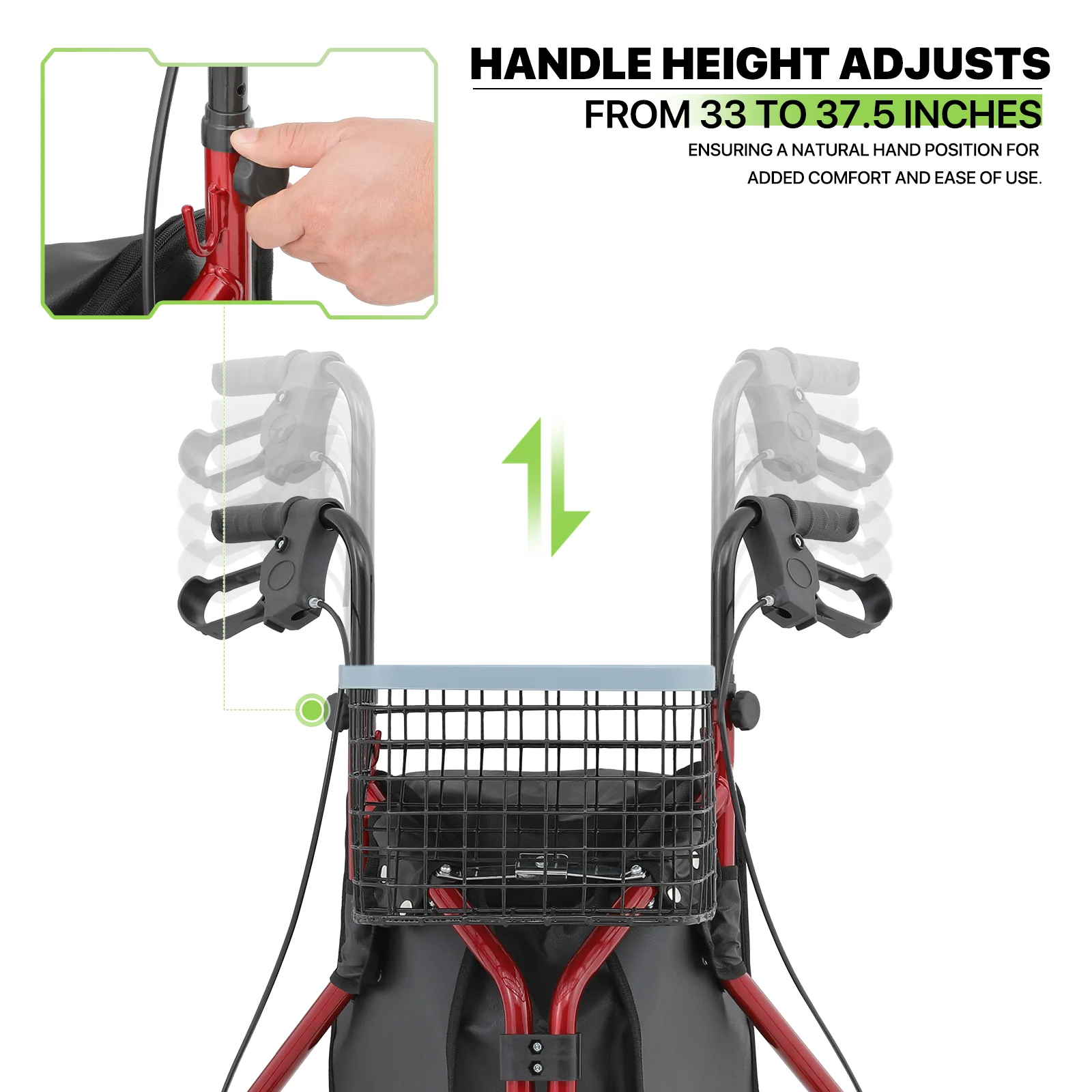 Magshion Folding Steel Rollator Walker, Rolling Walker with w/Oxford Bag & Detachable Basket for Adult, 3 Wheels 220lbs Weight Capacity, Burgundy Red Frame