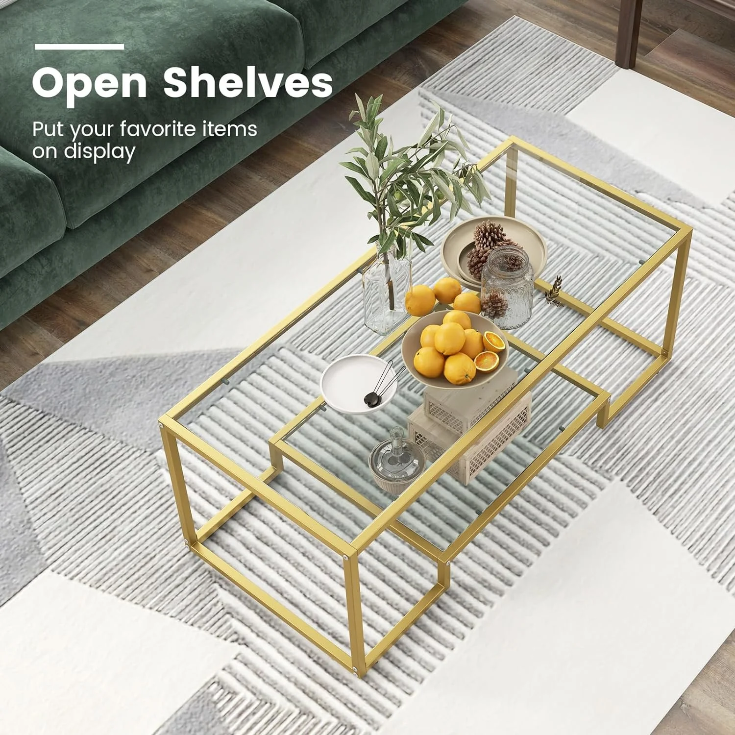 U-SHARE Coffee Table, Black Modern Tempered Glass Coffee Table, 45 Inch Rectangular Center Table with Glass-Top Lower Storage Shelf, Sturdy Metal Frame, for Living Room Home Office