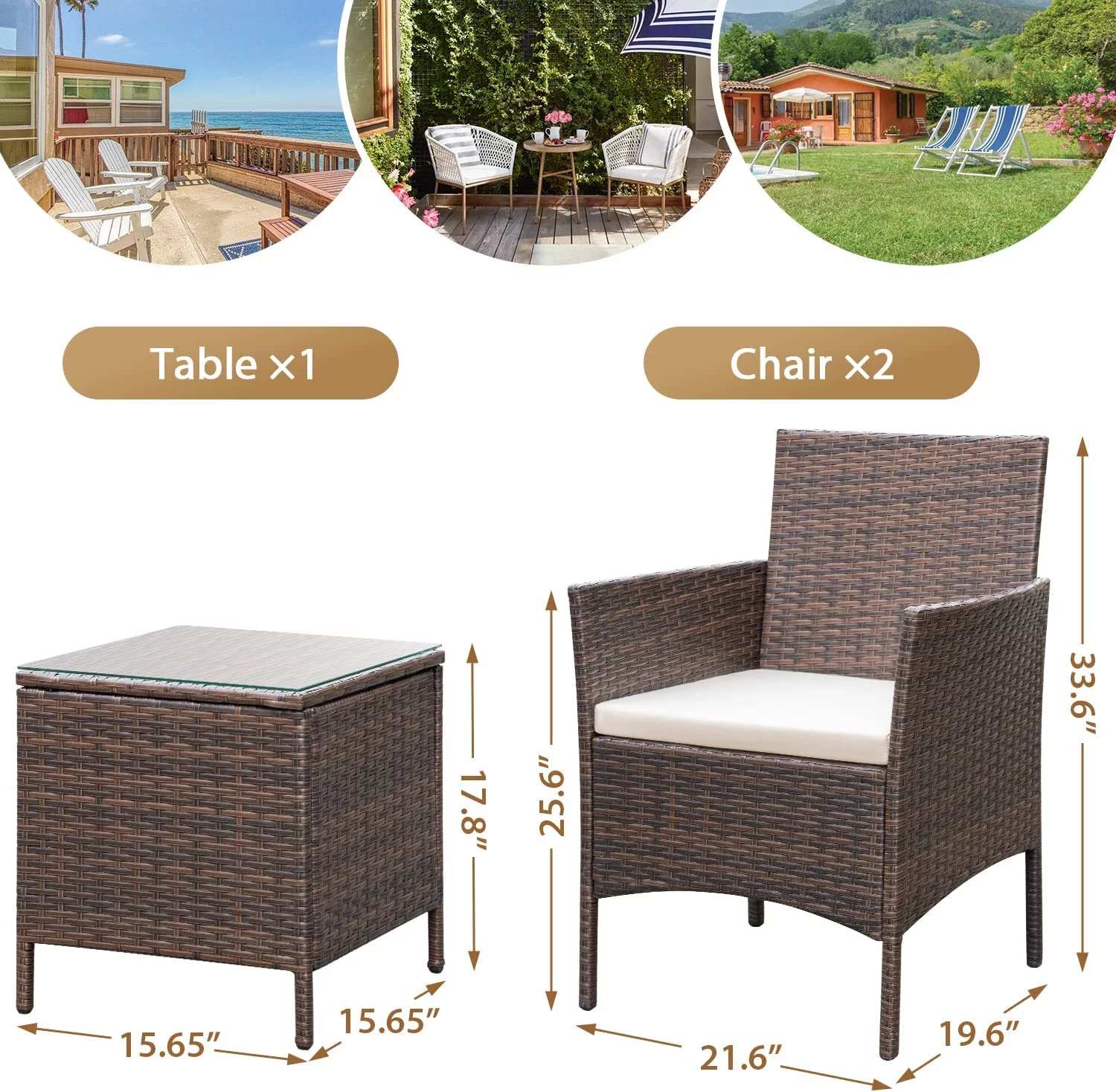 Patio Chairs Set of 2 Outdoor Front Porch Furniture Bistro Set 3 Piece Wicker Patio Chairs Balcony Furniture for Backyard Patio Balcony Lawn Pool (Brown)