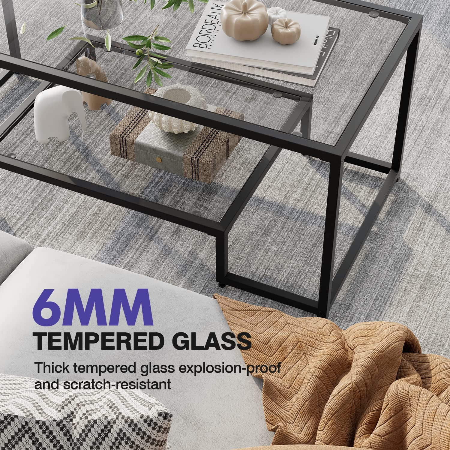 U-SHARE Coffee Table, Black Modern Tempered Glass Coffee Table, 45 Inch Rectangular Center Table with Glass-Top Lower Storage Shelf, Sturdy Metal Frame, for Living Room Home Office