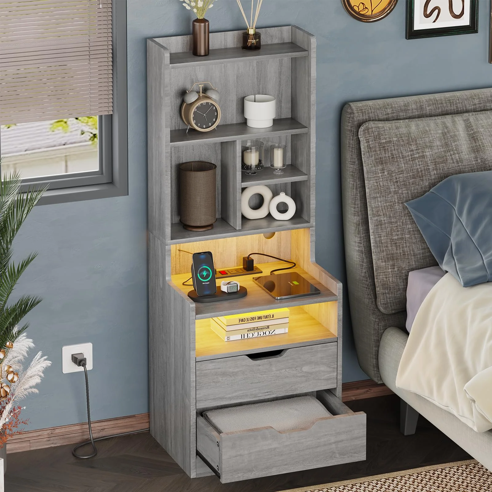 Afuhokles Night Stand with Charging Station and LED Lights, Tall Bedside Table with Drawers, Grey