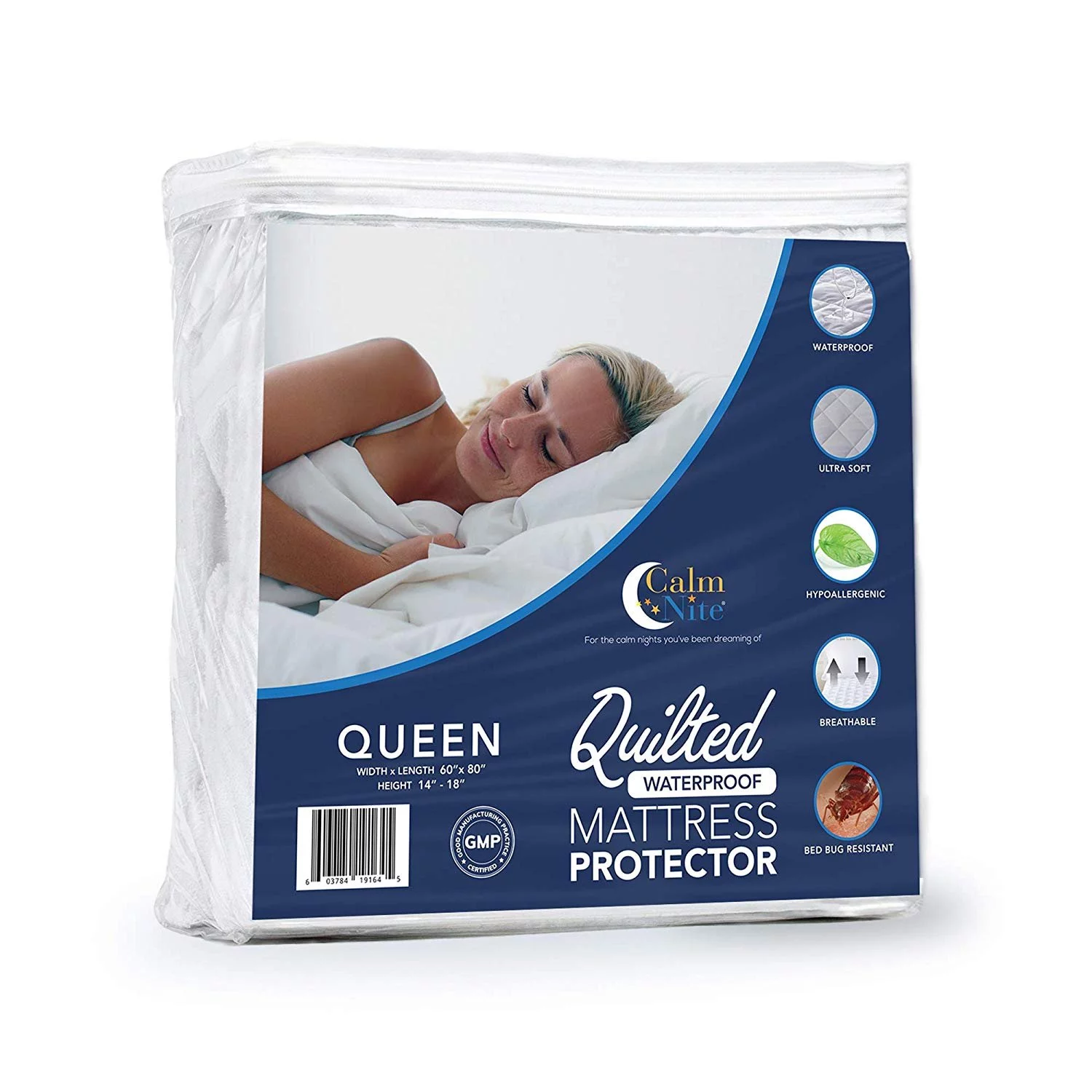 CALM NITE Waterproof Quilted Mattress Protector Queen Size Ultra-Soft, Breathable Bed Cover | Moisture-Wicking Polyester Fabric | Natural Hypoallergenic Sweat & Bed Bug Resistant