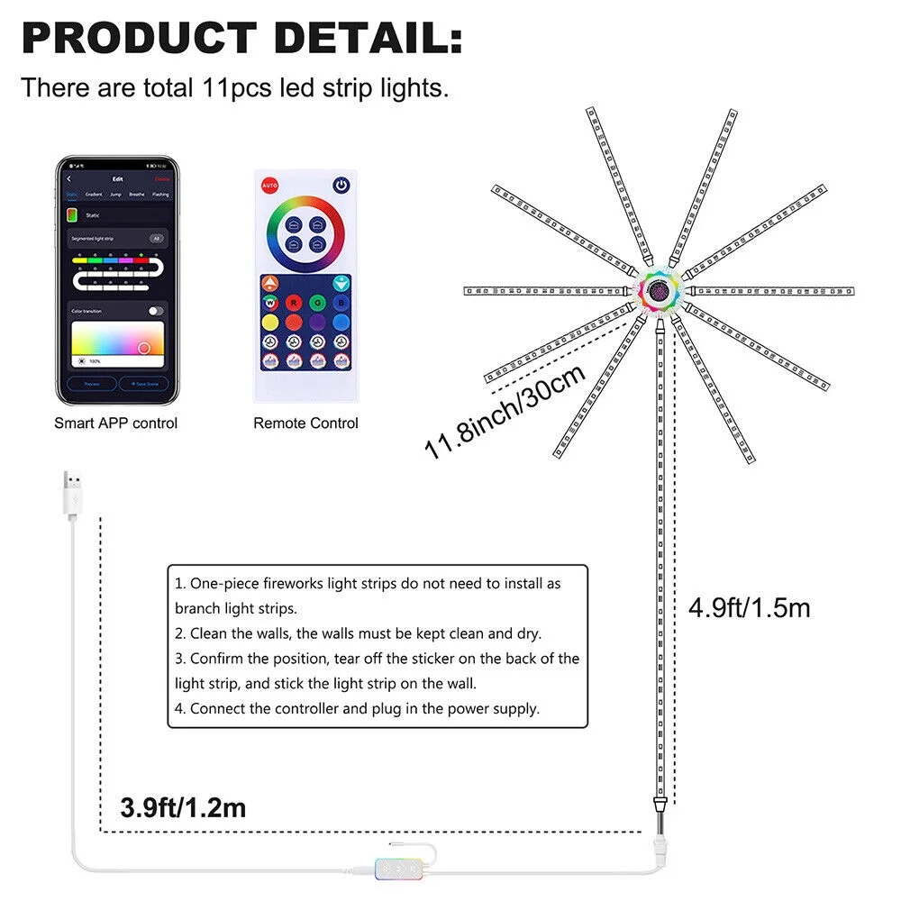 WiFi Smart LED Firework Strip Lights RGBIC Dream Colour Remote Music Speaker