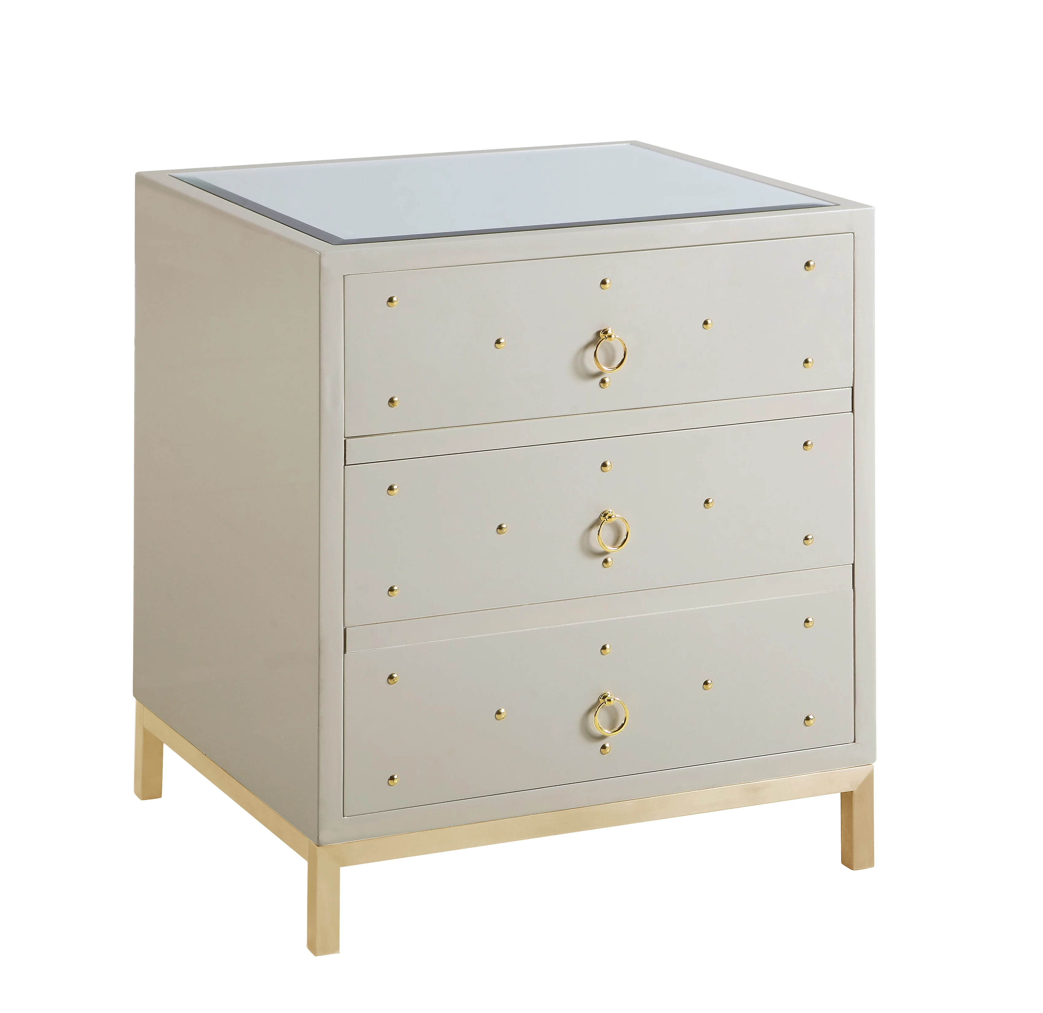 Chic Home Arezzo Nightstand Side Table Mirror Glass Top with 3 Self Closing Drawers