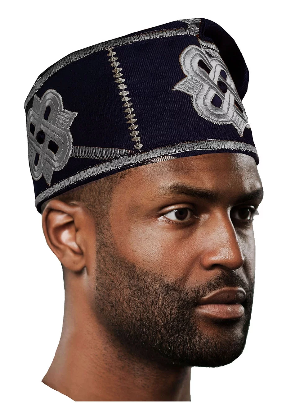 Navy-blue and Silver Embroidered African Hand woven Aso Oke Hat