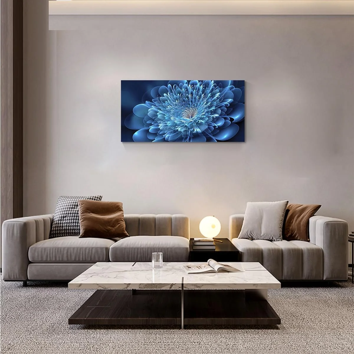 Large living room wall art/Blue canvas 3D textured flowers/For elegant and modern room decor/Framed wall art in bedroom office kitchen.
