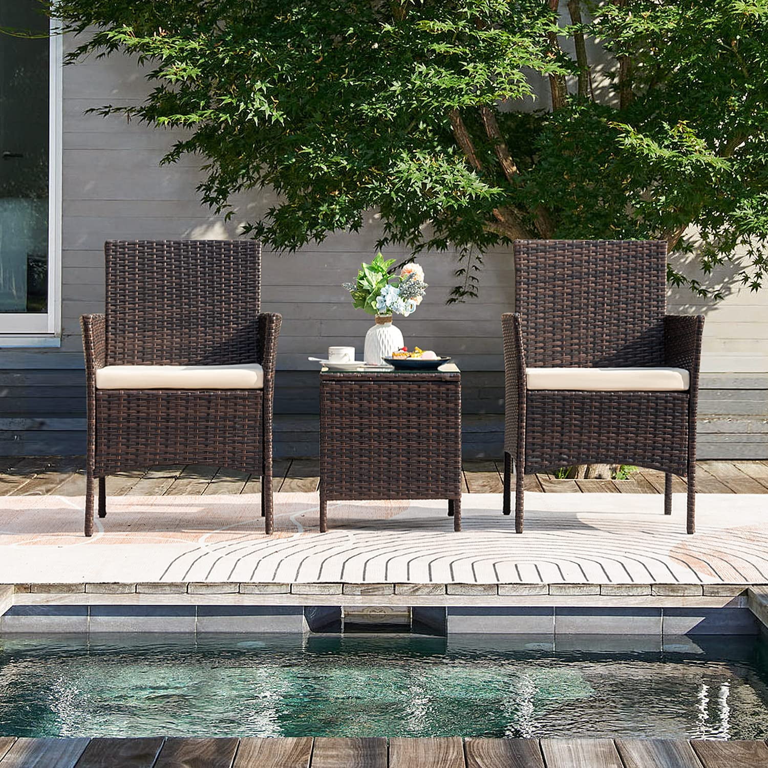 Patio Chairs Set of 2 Outdoor Front Porch Furniture Bistro Set 3 Piece Wicker Patio Chairs Balcony Furniture for Backyard Patio Balcony Lawn Pool (Brown)