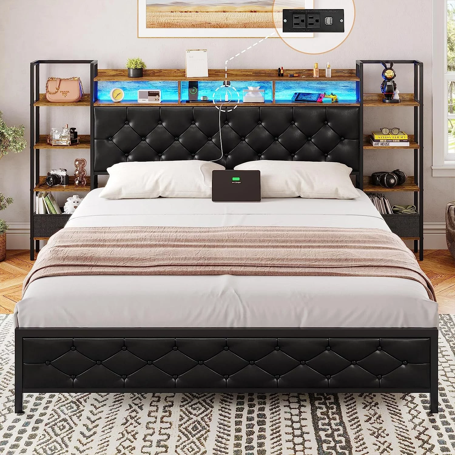 Mabor Full LED Bed Frame with Storage Headboard & Charging Station, Metal Platform Bed Frame with Bookshelf, No Box Spring Needed, Black