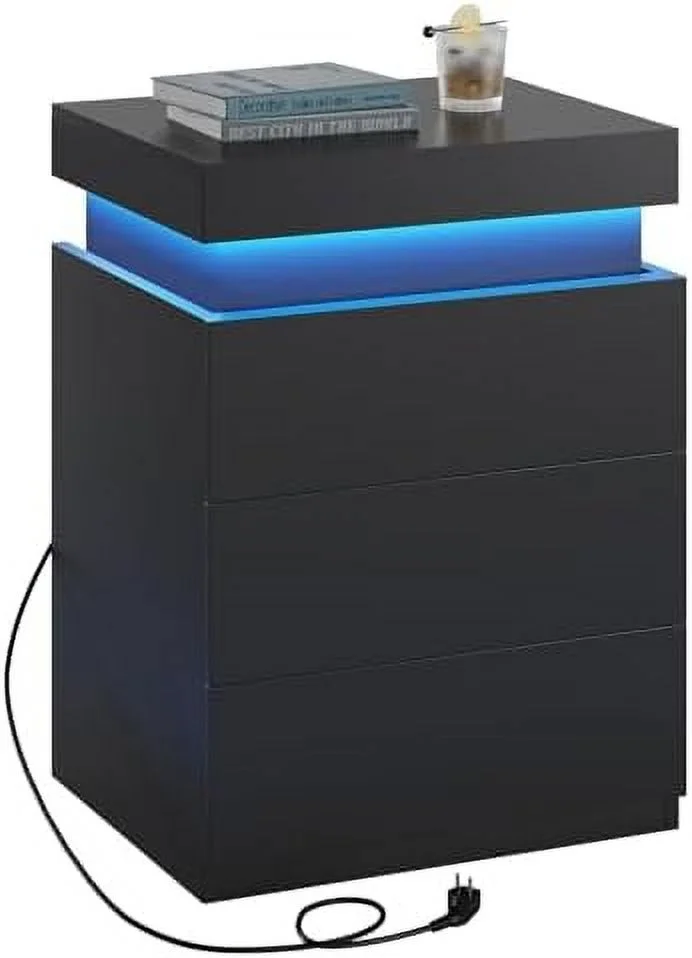 GEROBOOM Nightstand with Charging Station and LED Lights  Led Nightstand with Sliding Top  Bedside Table with Drawers  Modern End Table  with USB Ports and Outlets (Black)