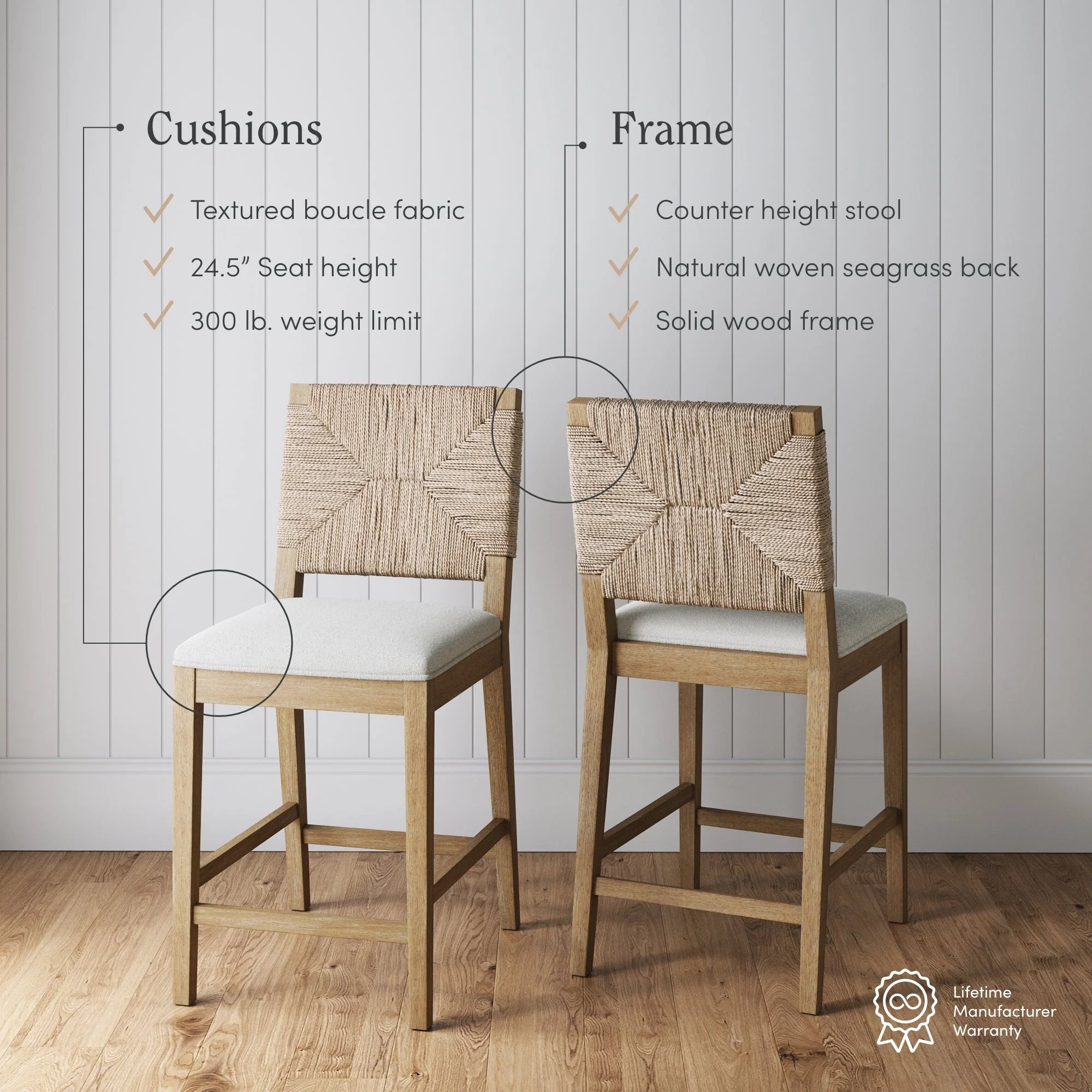 Nathan James Beacon Bohemian Boucle Bar Stool, Upholstered Counter Height Chair with Solid Wood Frame and Woven Seagrass Back for Kitchen Island