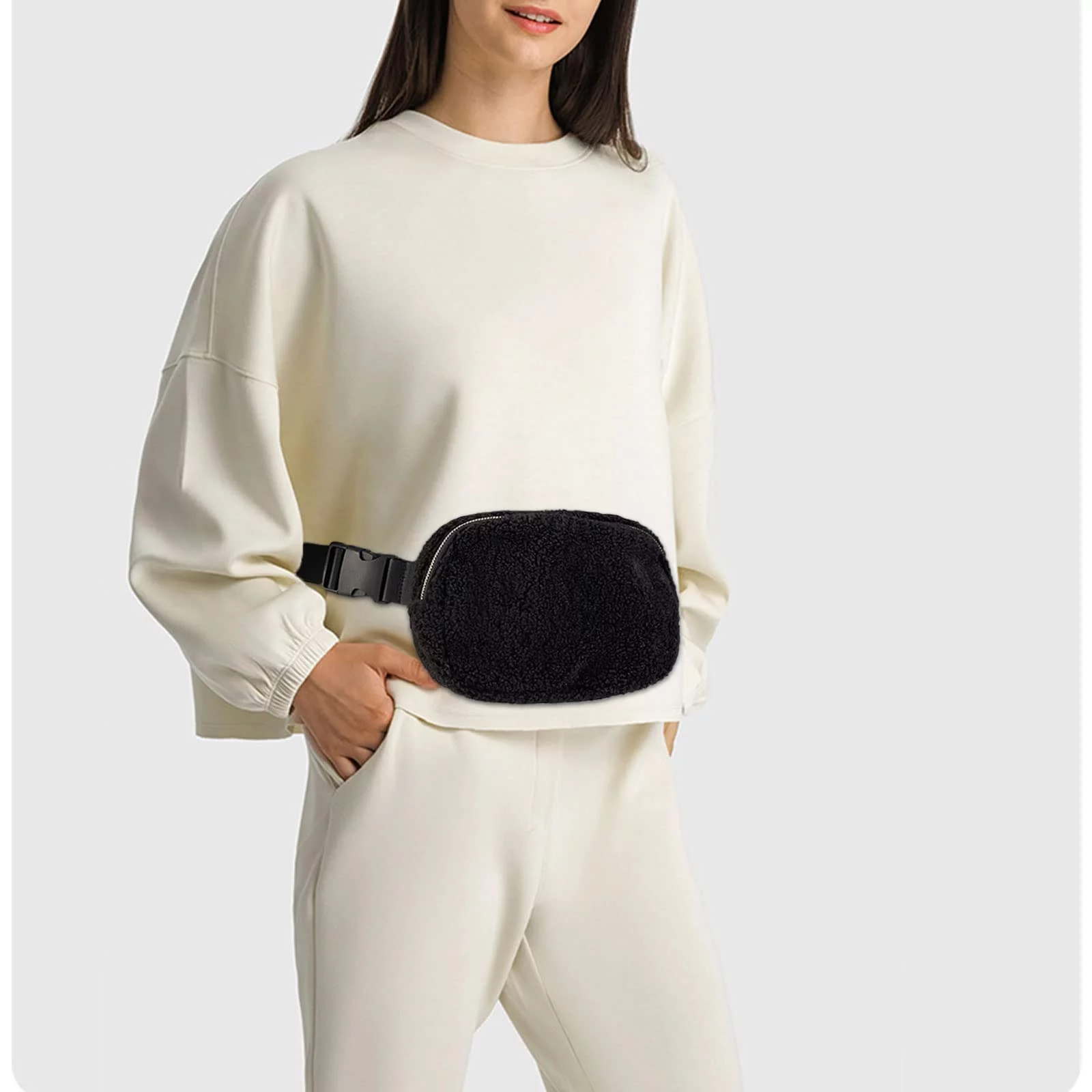 LEZMORE Sherpa Belt Bag Winter Fashion Waist Packs Fleece Belt Bag For Women Adjustable Strap Fanny Pack Everywhere Crossbody Bag Waist Bags