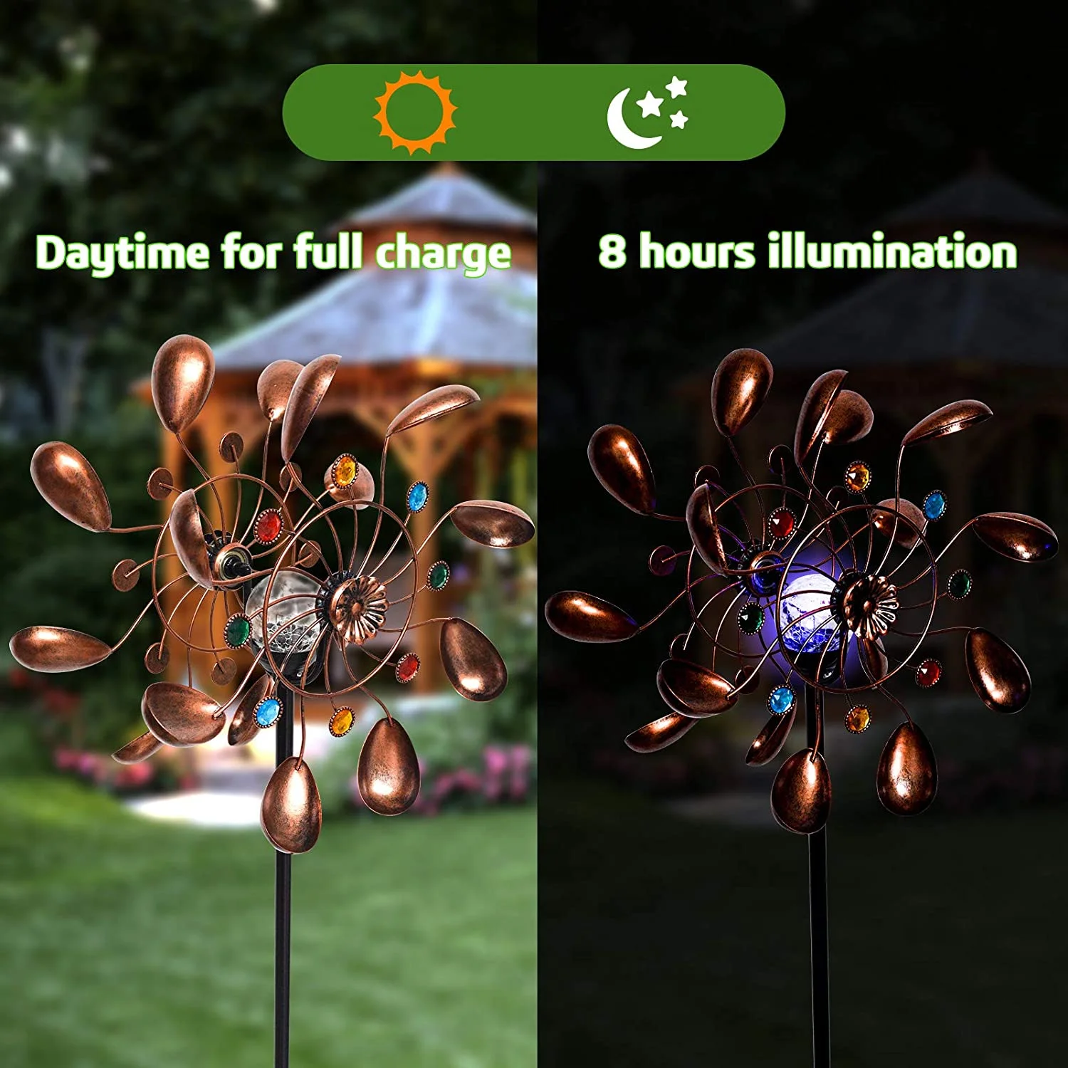 ALLADINBOX 57 Inch Solar Wind Spinner, Glass Ball Windmill Sculpture with Kinetic Dual Direction, Outdoor Garden LED Lights with Multi Color Changing Glass Ball Windmills for Yard Patio Lawn Decor