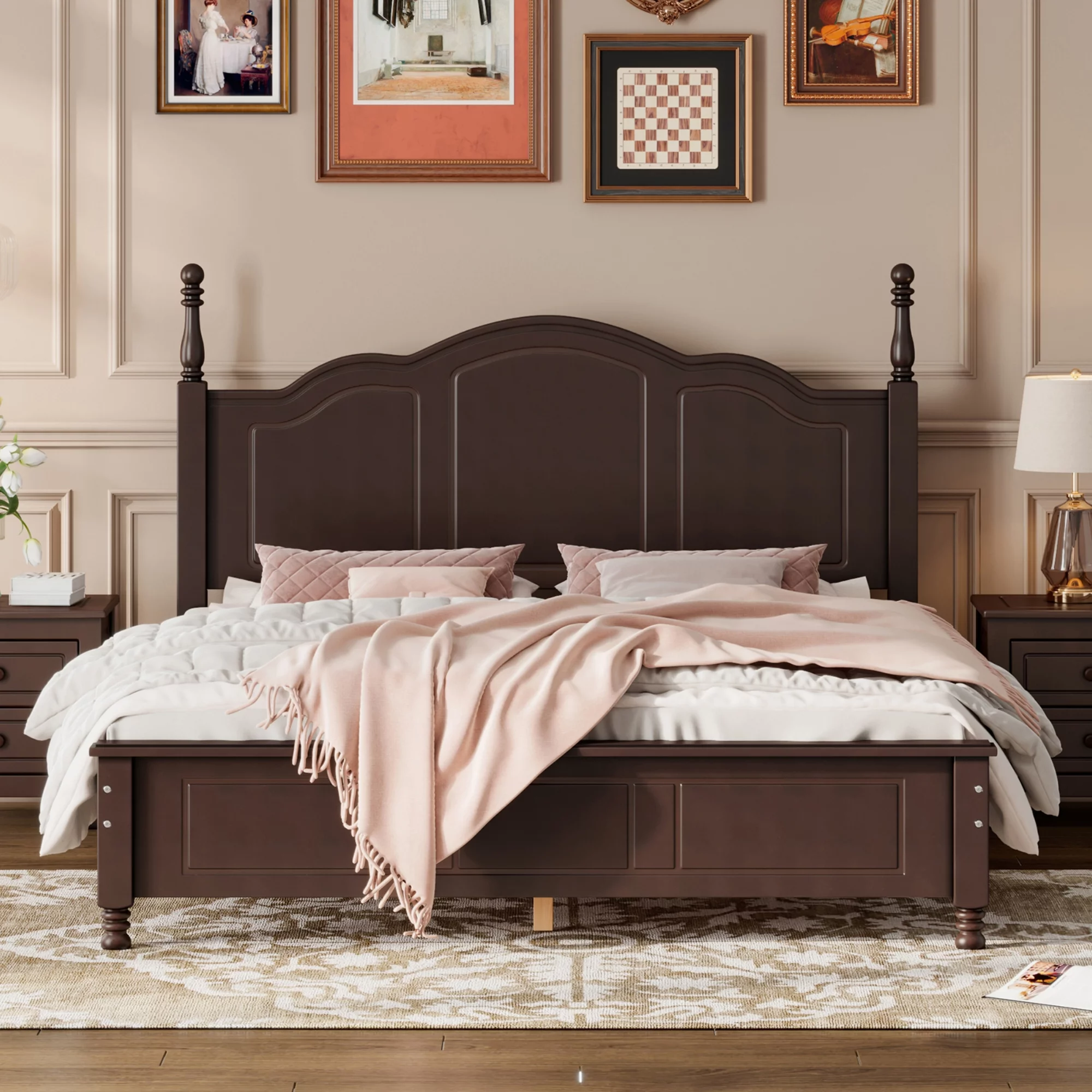 CoSoTower Queen Size Wood Platform Bed Frame,Retro Style Platform Bed with Wooden Slat Support,Dark Walnut