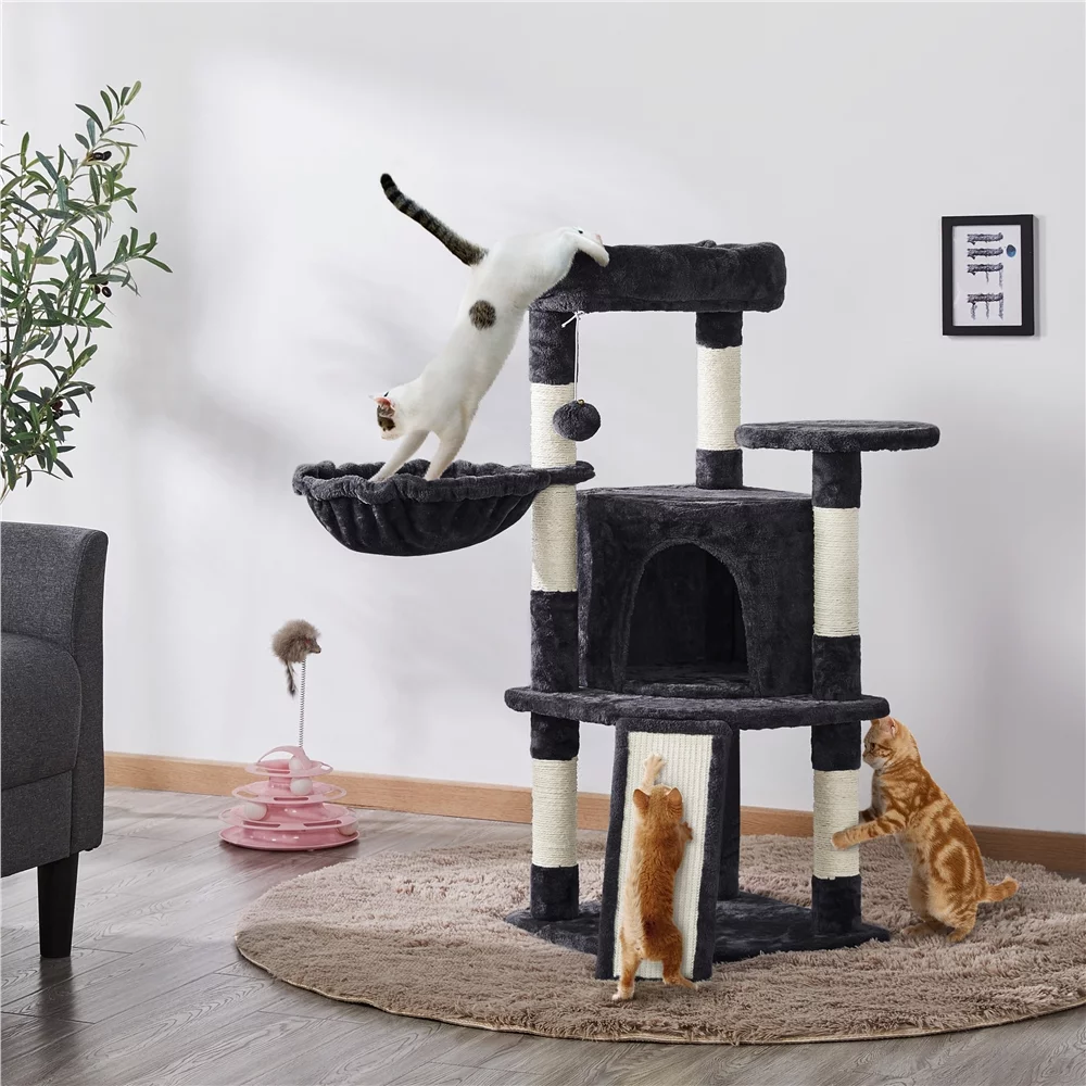 Easyfashion Professional Cat Tree Plush Tower with Basket for Small Kittens, Indoor, Black