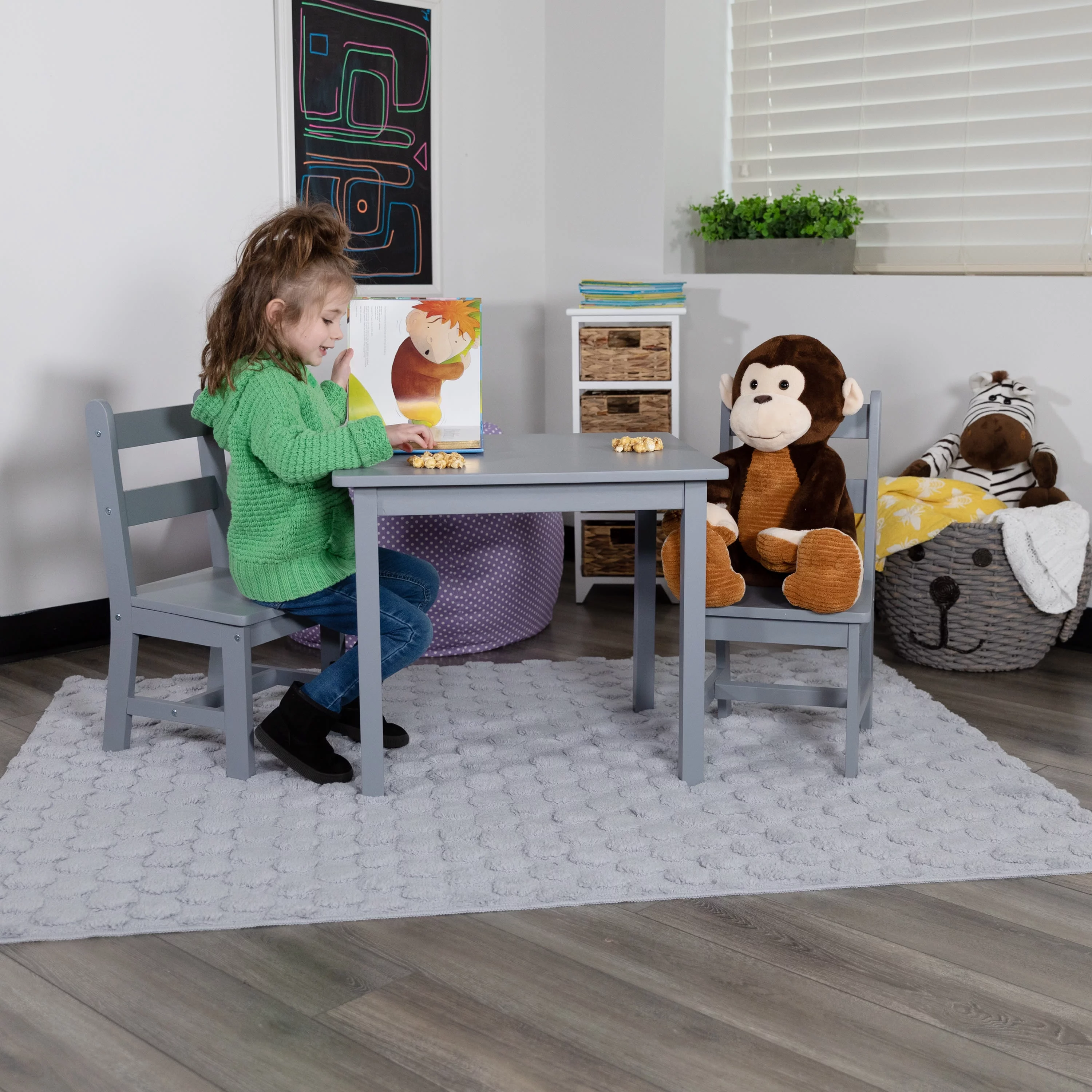 Emma + Oliver Kids 3 Piece Solid Hardwood Table and Chair Set for Playroom, Kitchen - Gray