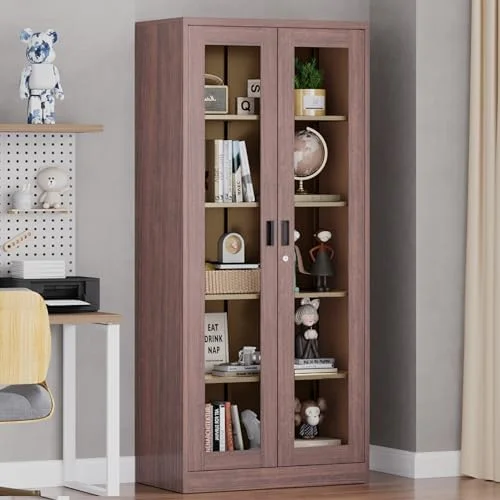 YFbiubiulife Glass Display Cabinet Curio Cabinet with Glass Door and Adjustable Shelves  71" Tall Freestanding Steel Kitchen Pantry Cabinet Bookcase Metal Locker  Cabinet for Home  Li