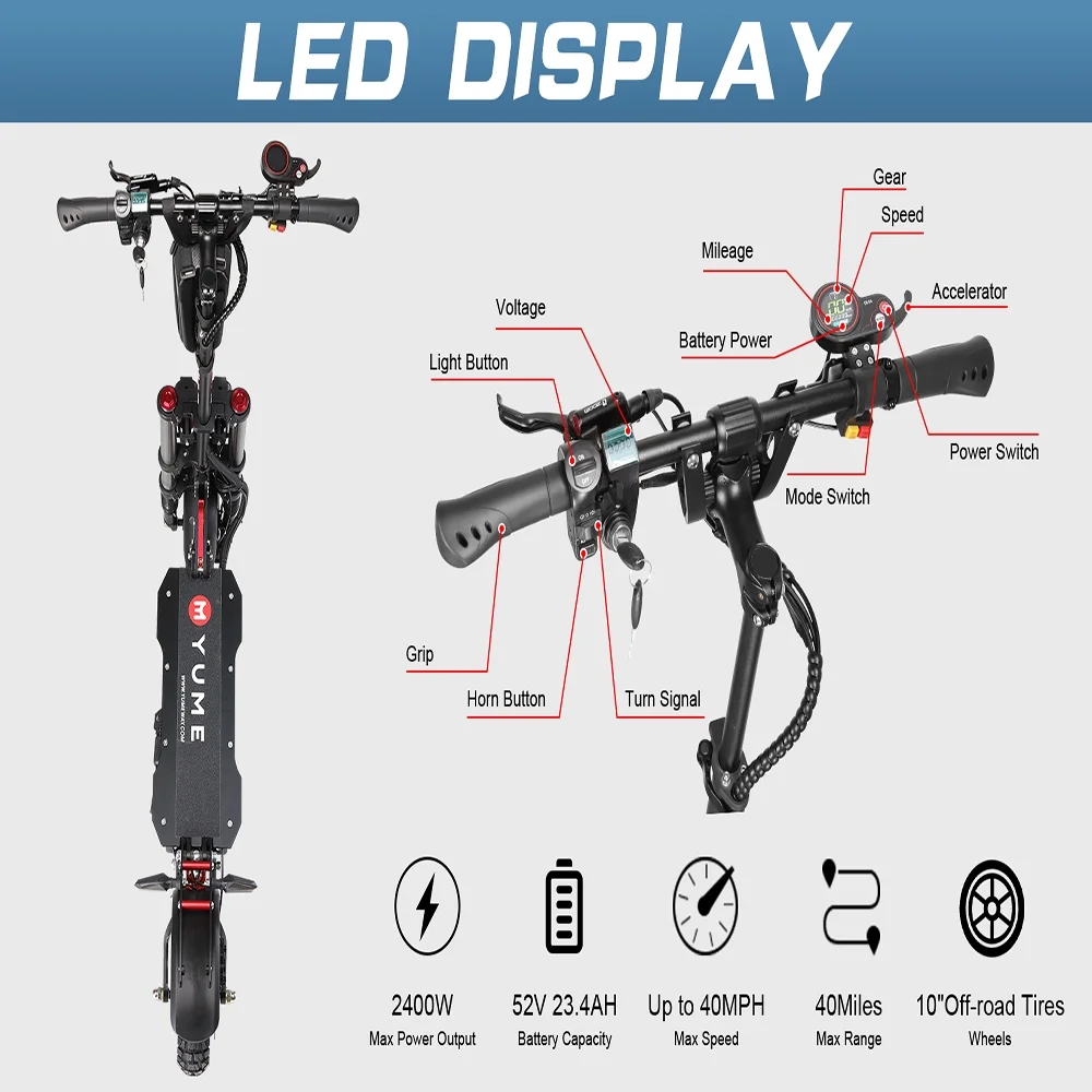 YUME Scooter Y10 Adult Electric Scooter Double Suspensions Dual Motor 23.4AH Battery 52V 2400W 40 MPH 40 Miles Fast Sports Scooter 10