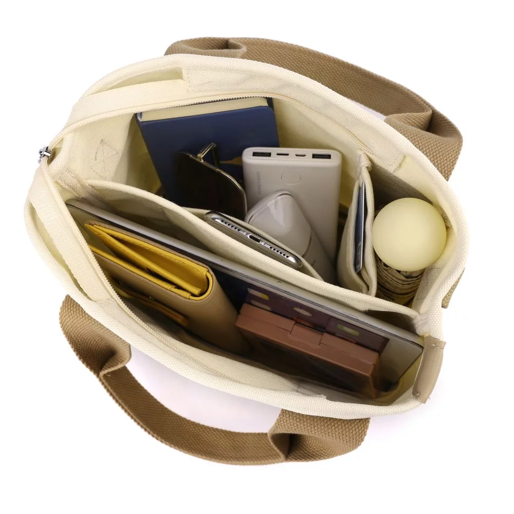 Small Cute Canvas Tote Crossbody Shoulder Bag W/Multiple Pockets Mini Casual Satchel Hobo Handbag Messenger Purse for Women