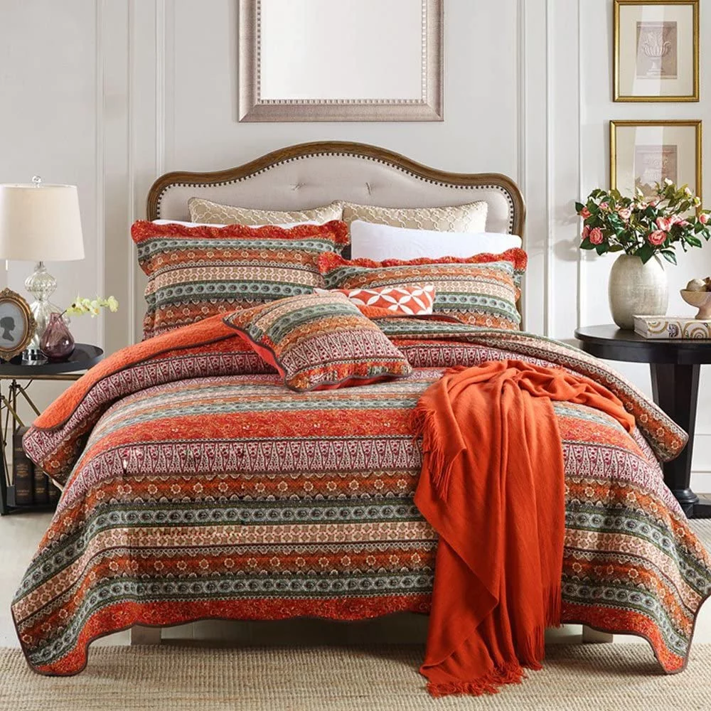 NEWLAKE Striped Classical Cotton 3-Piece Patchwork Bedspread Quilt Sets King Size