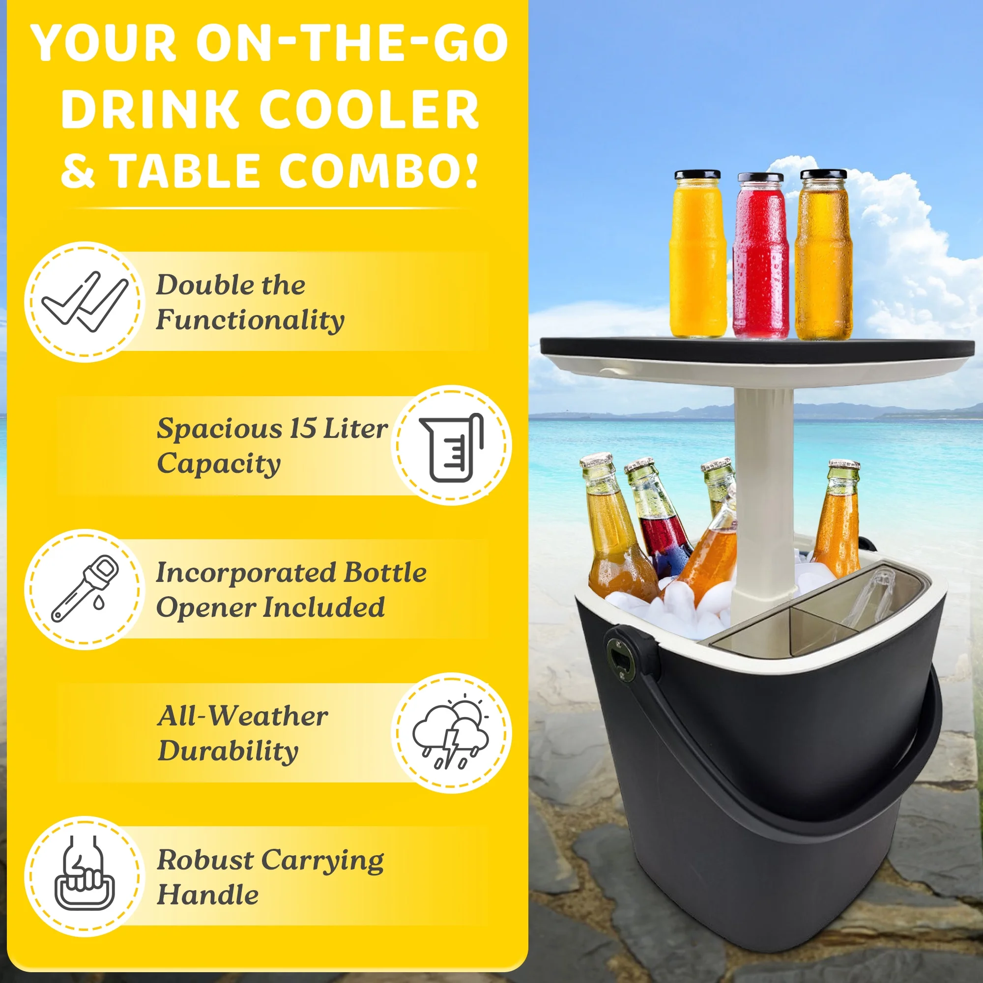 Magicshe Portable Cool Bar Table 15L Ice Bucket Lift Top Lid Beer Wine Cooler Outdoor Patio Furniture Beach Picnic Party（black）