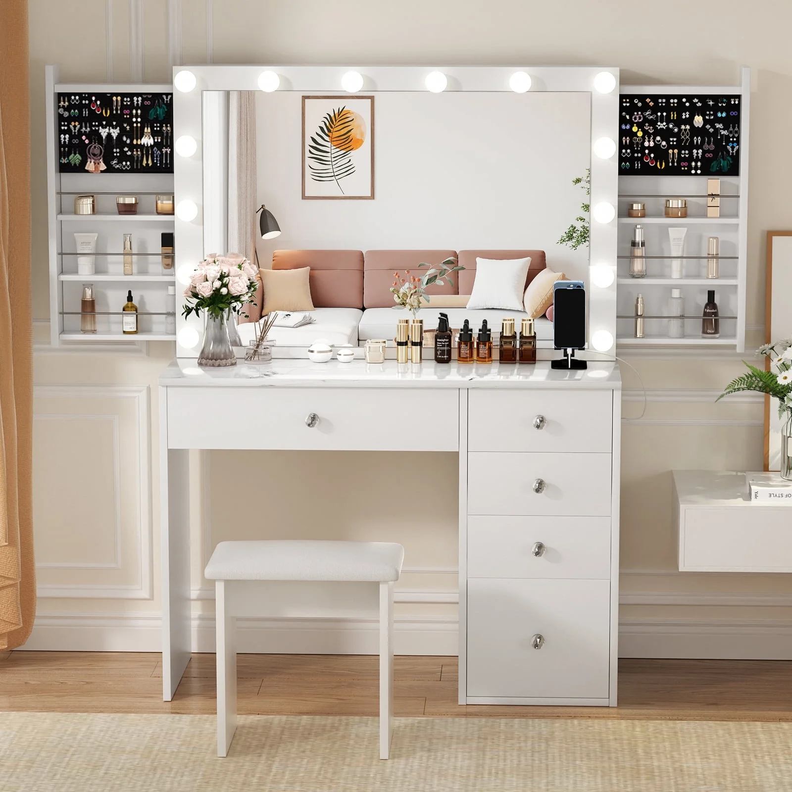 RichYa Modern Vanity Desk Makeup Table with Large LED Mirror and Power Outlet with 2 Sliding Storage White Marble