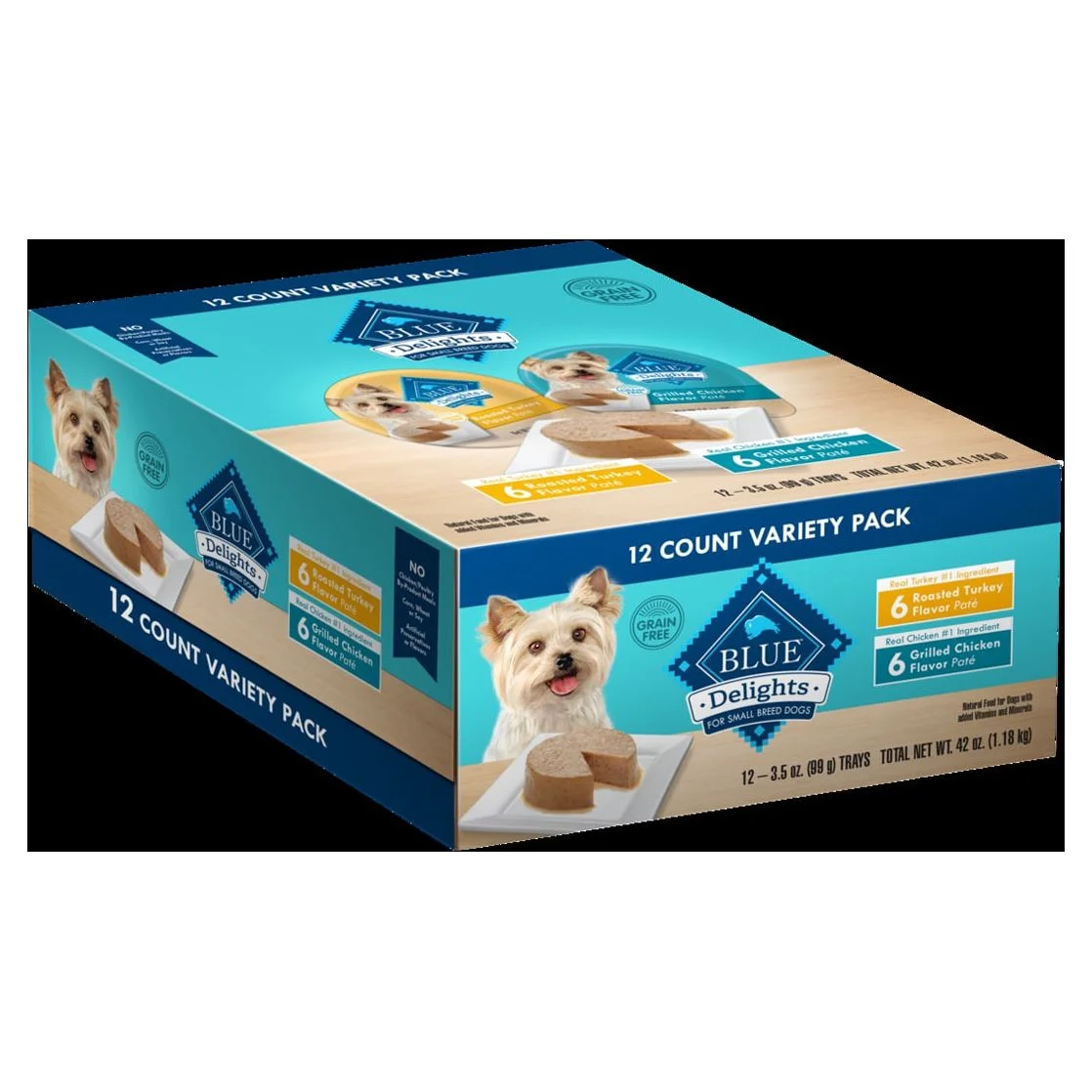 Blue Buffalo Delights Small Breed Roasted Turkey & Grilled Chicken Pate Wet Dog Food Variety Pack for Adult Dogs, Grain-Free, 3.5 oz. Cups (12 Pack)