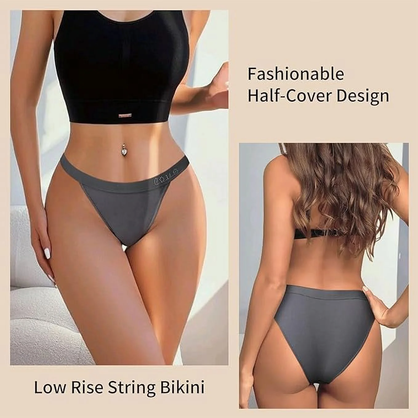 LEVAO Cotton Underwear Women Cheeky Panties Rhinestone Logo Low Rise String Bikini Panties 6 Pack S-XL