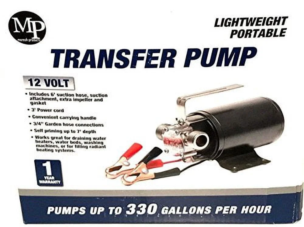 12-volt DC 1/10th HP 330 GPH Battery Powered Portable Mini Water Transfer Utility Pump with Metal Connectors for Standard 3/4