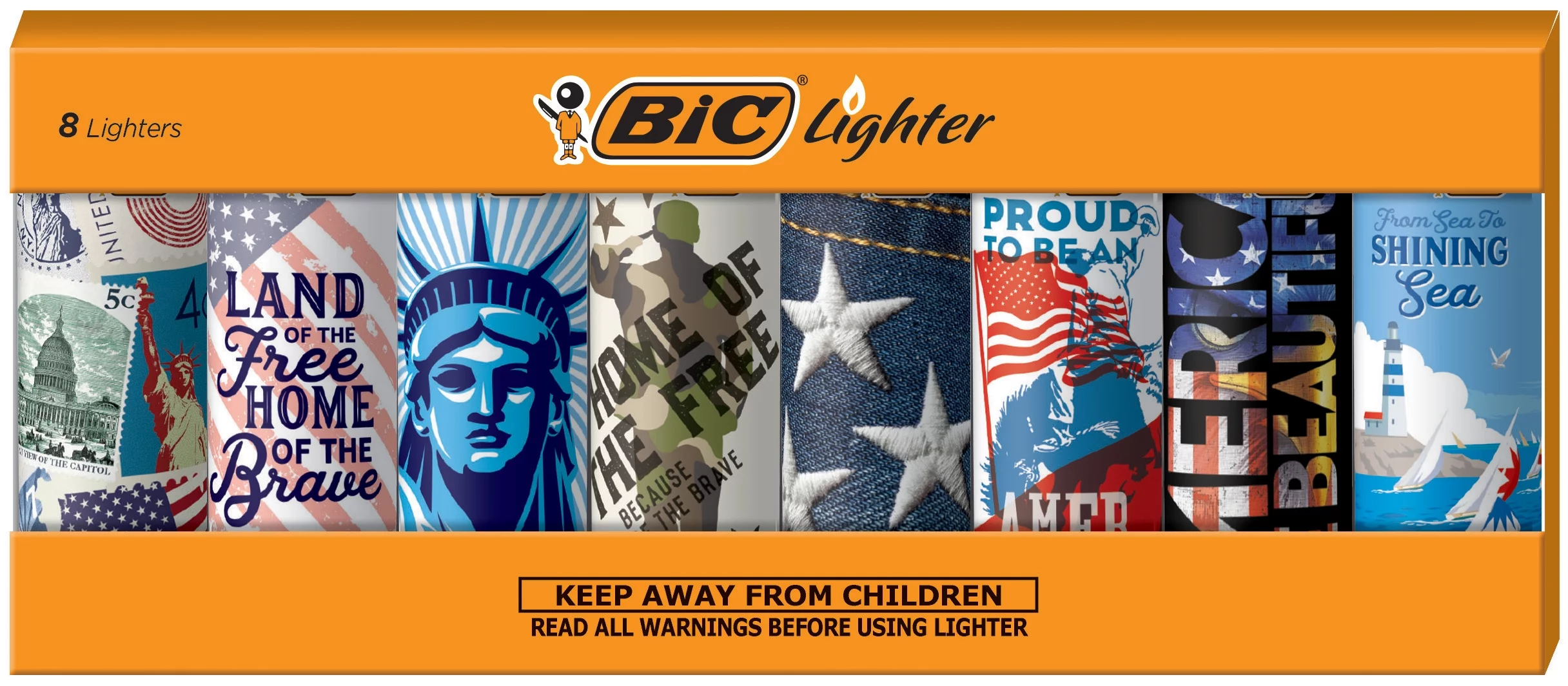 BIC Pocket Lighter, Special Edition Americana Collection, Assorted Unique Lighter Designs, 8 Count Pack of Lighters